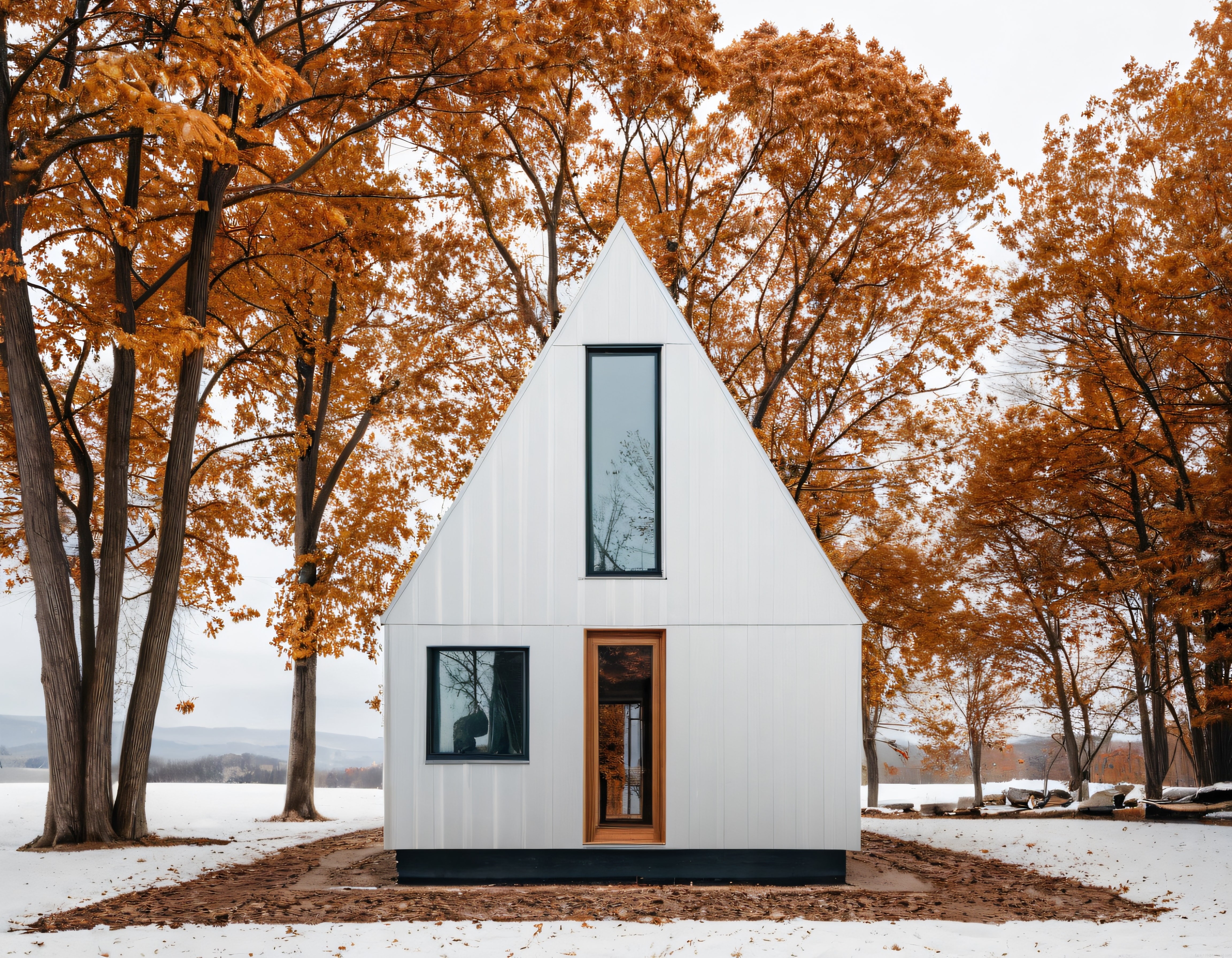 Karlı sonbahar ormanındaki beyaz minimalist üçgen çatılı ahşap kulübe