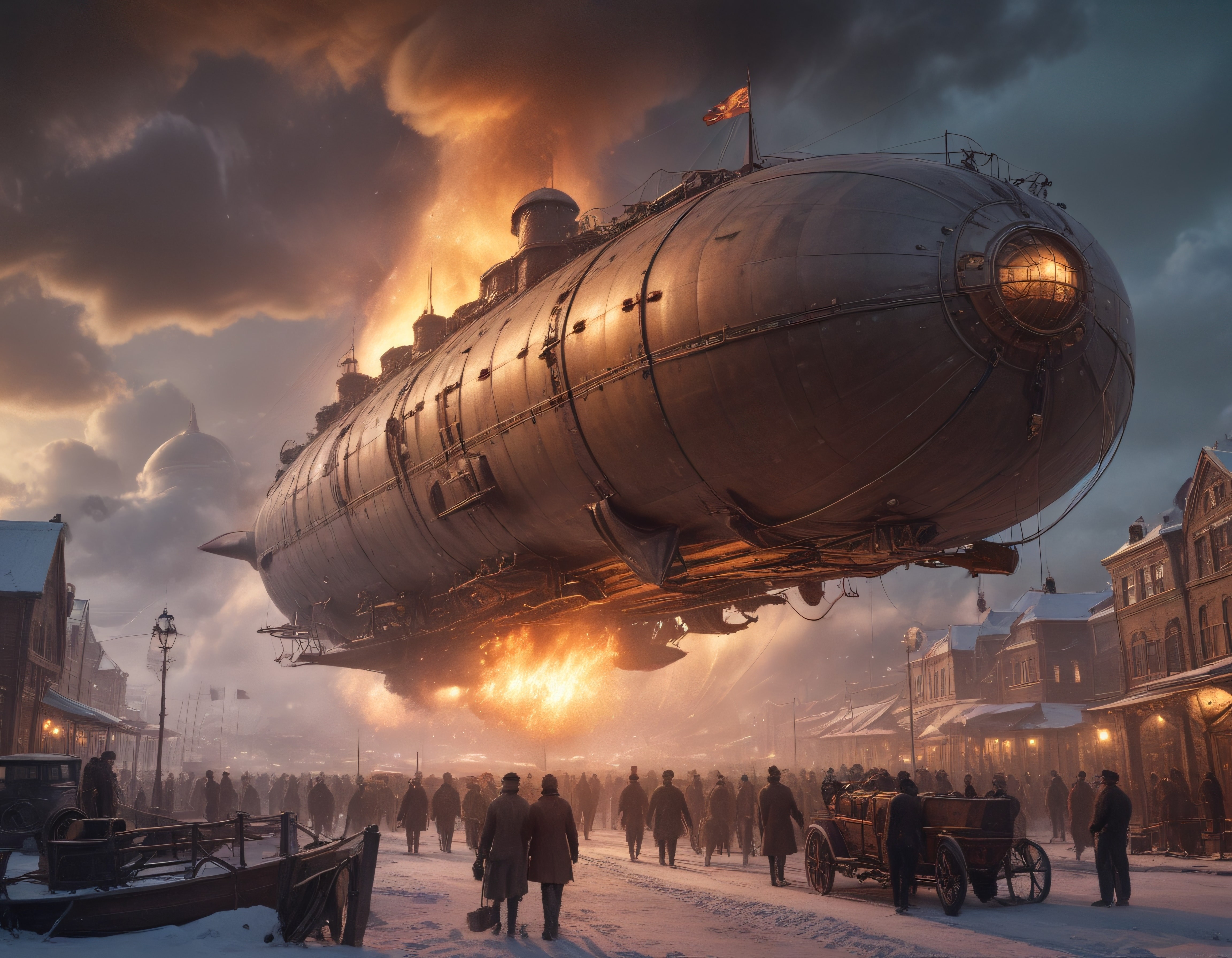 Karlı Steampunk Şehirde Dev Buharlı Hava Gemisi ve Kalabalık Sokaklar