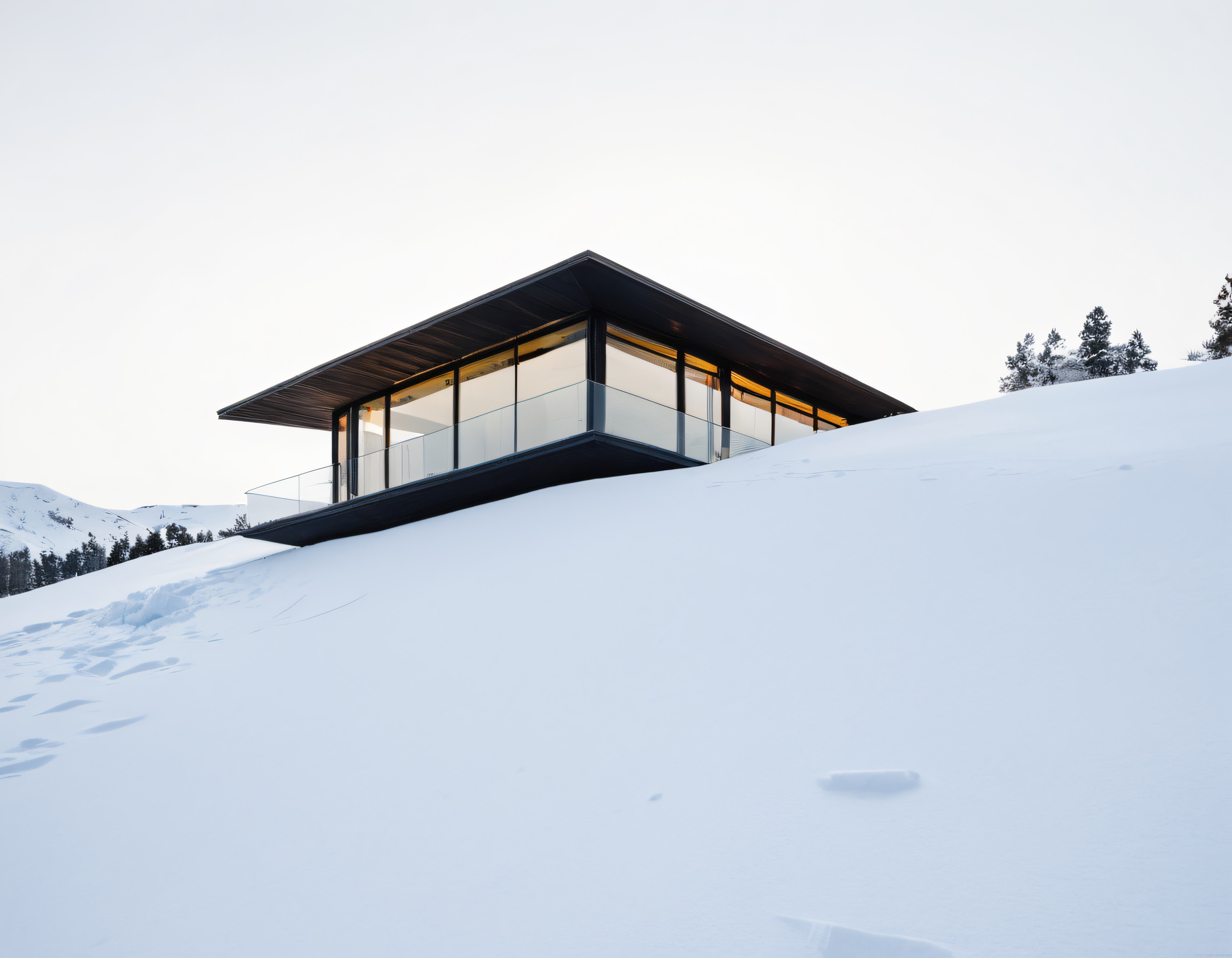 Karlı Tepede Büyük Camlı Minimalist Modern Dağ Evi ve Kış Manzarası