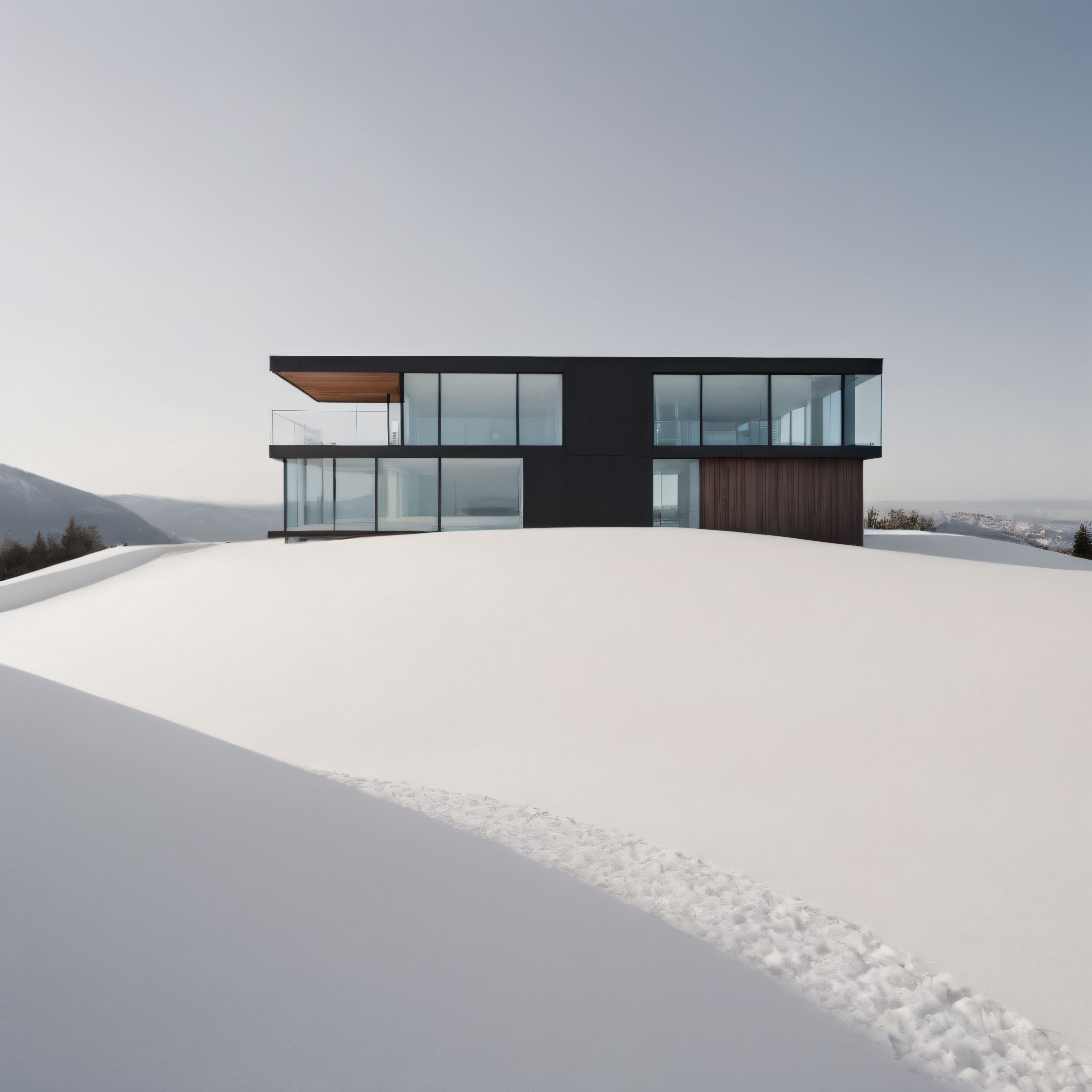 Karlı Tepede Cam Cepheli Modern Minimalist Lüks Villa ve Sisli Dağ Manzarası