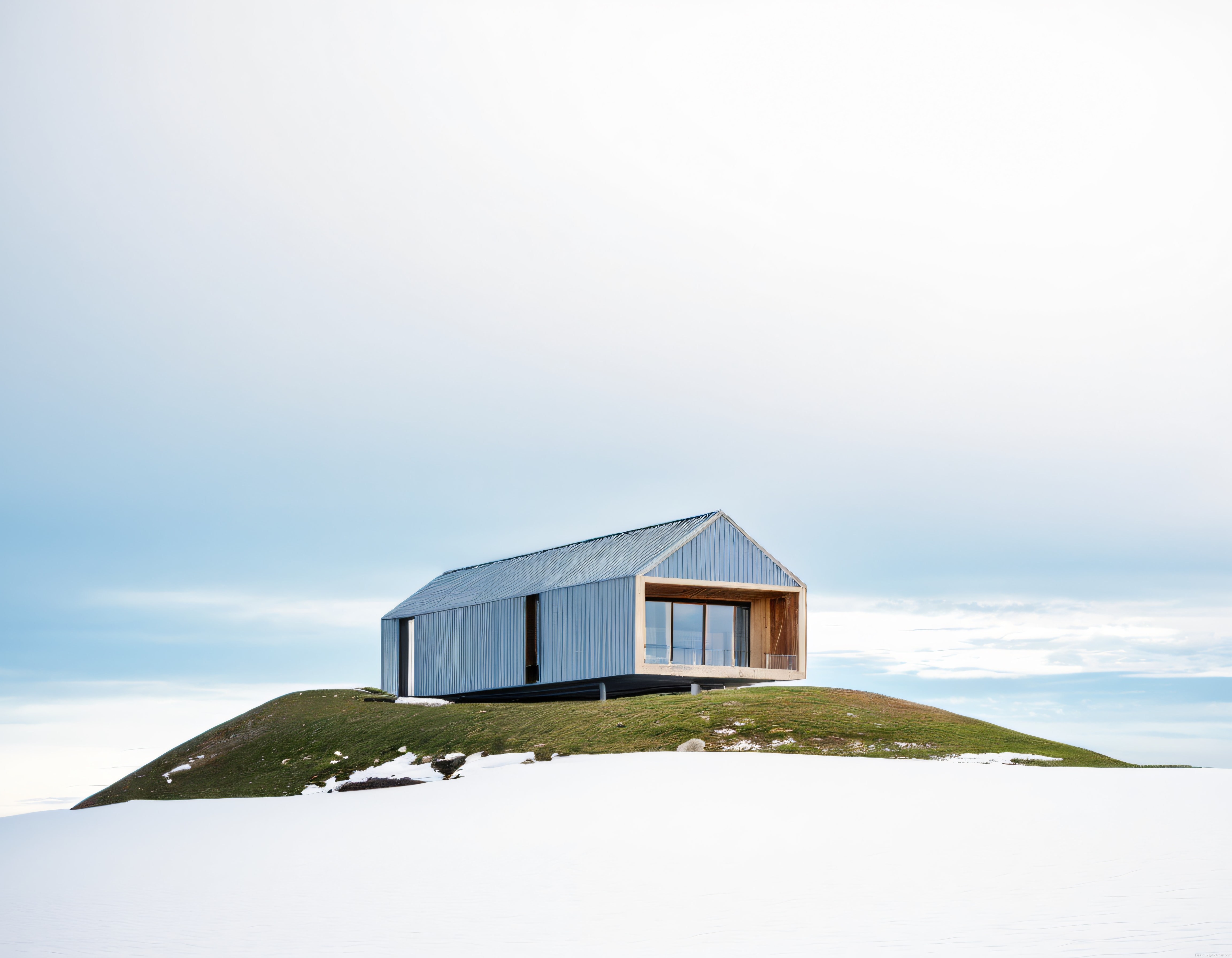 Karlı Tepede Minimalist Modern Ev ve Sonsuz Gökyüzü Manzarası