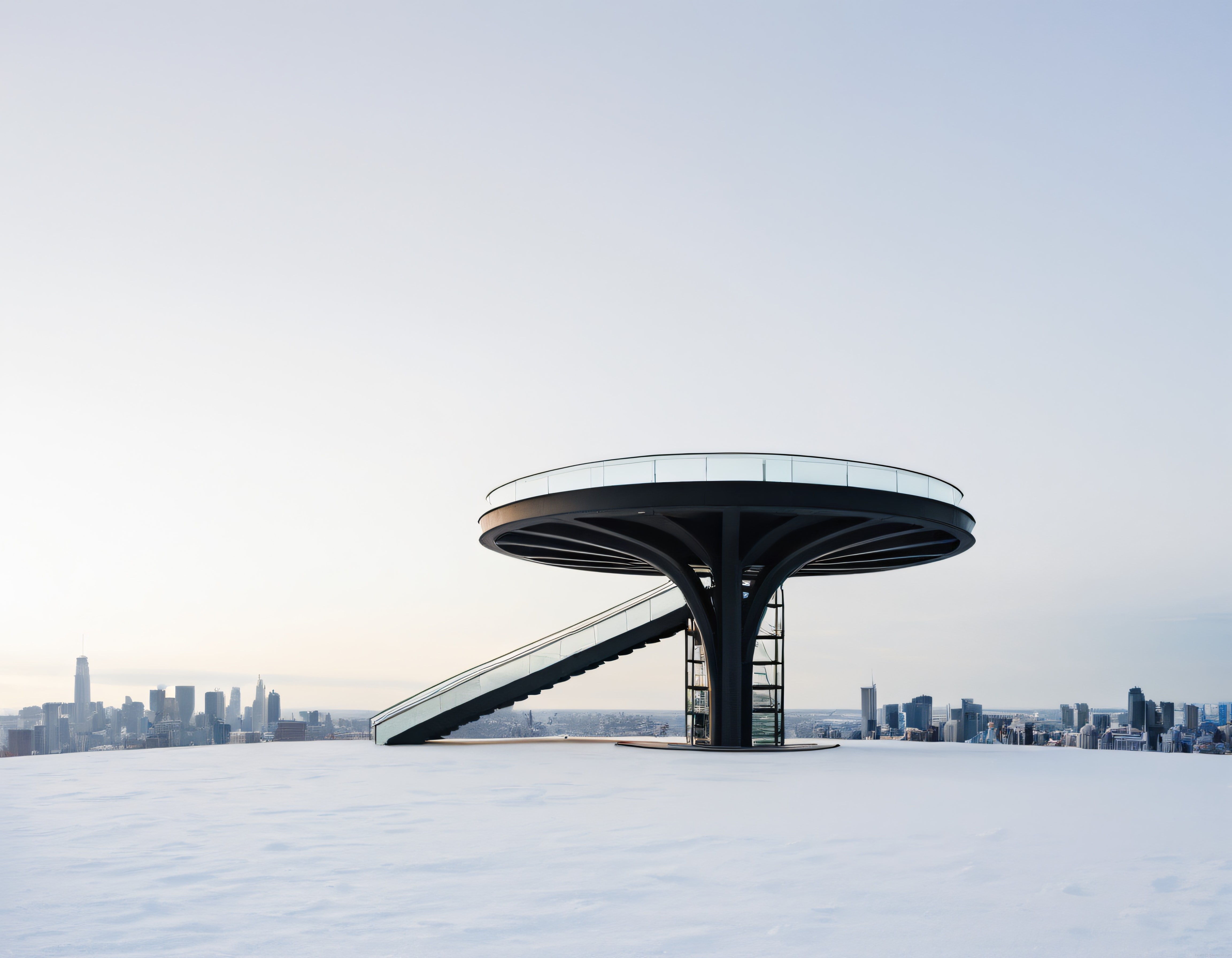 Karlı Tepedeki Ufo Formundaki Modern Gözlem Kulesi ve Şehir Panoraması