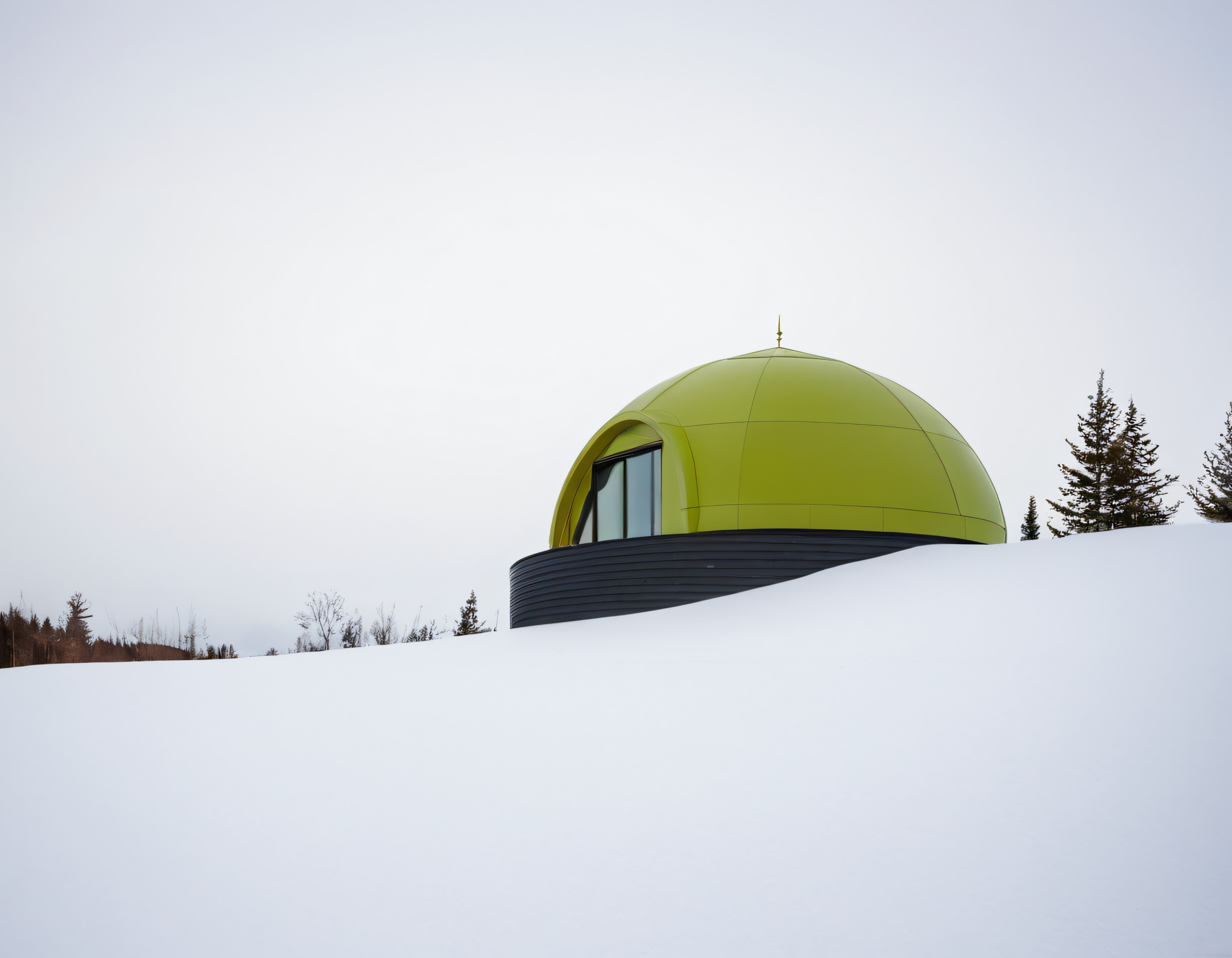 Karlı Tepeye Gömülmüş Yeşil Kubbeli Tasarım Evi ve Beyaz Kış Atmosferi