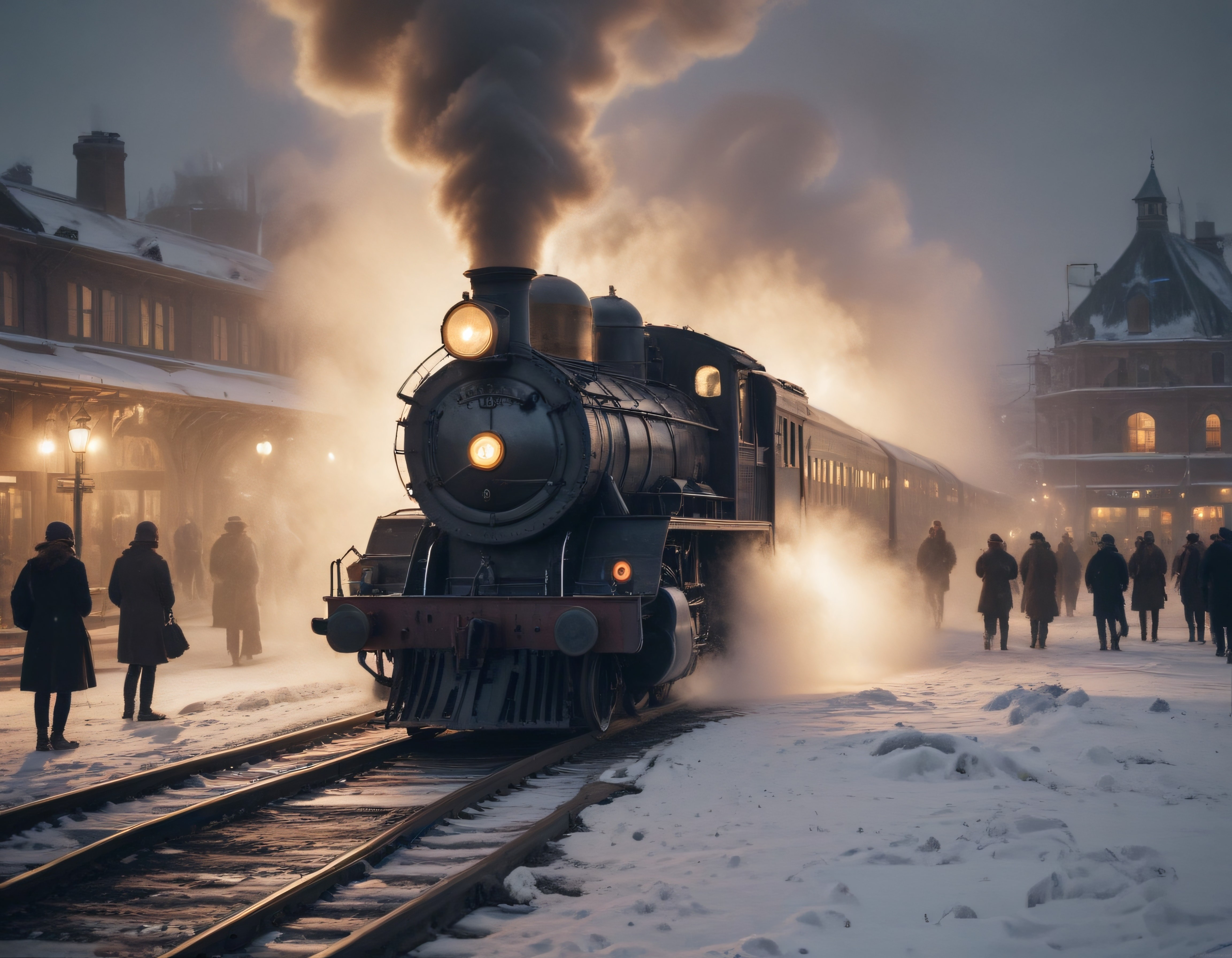 Karlı Tren İstasyonunda Nostaljik Buharlı Lokomotif ve Yolcular