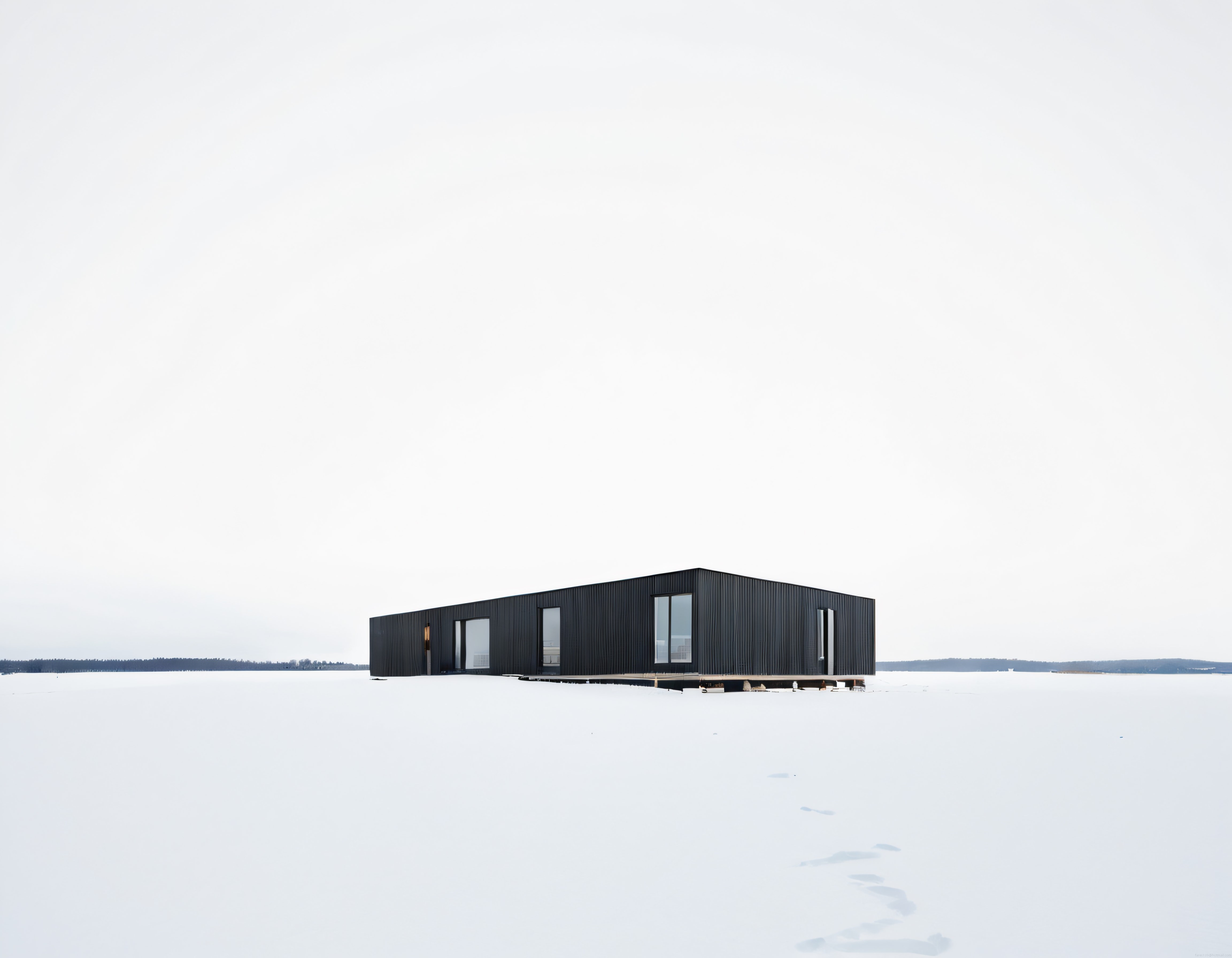 Karlı uçsuz bucaksız arazide yalnız duran siyah modern minimalist ev