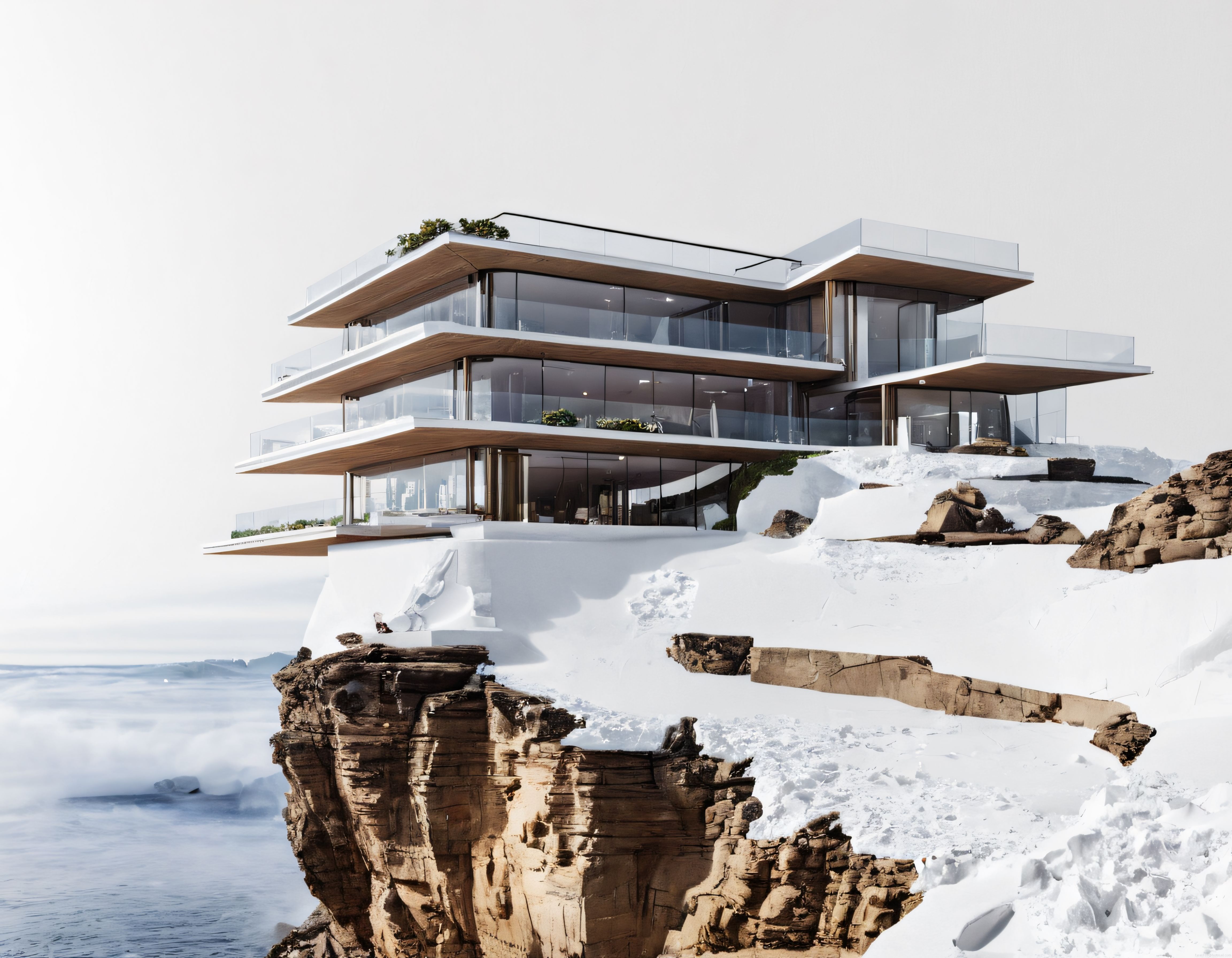 Karlı Uçurum Kenarında Okyanus Manzaralı Modern Cam ve Ahşap Villa