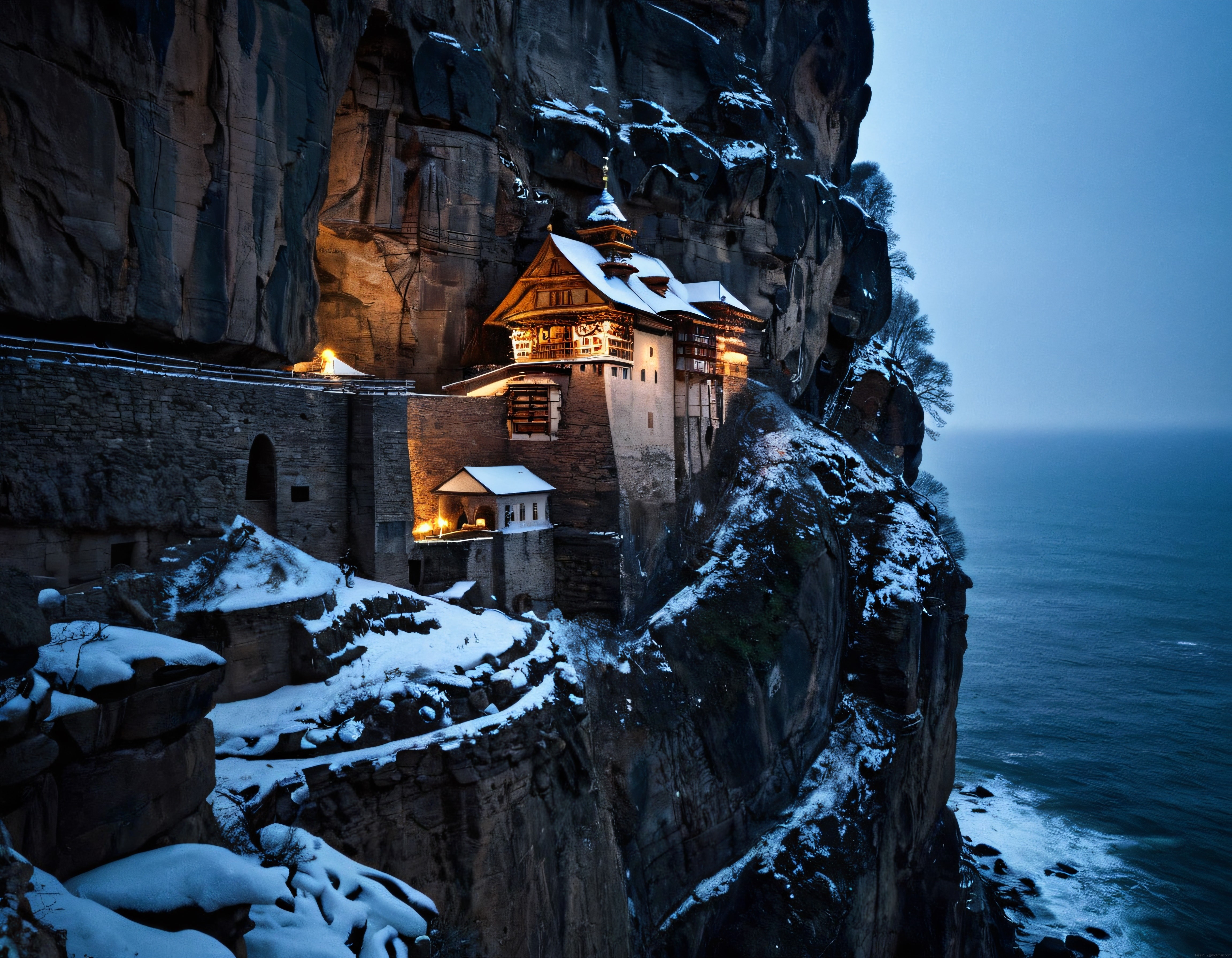 Karlı Uçuruma Gömülü Mistik Kaya Manastırında Büyülü Akşam Işıltısı