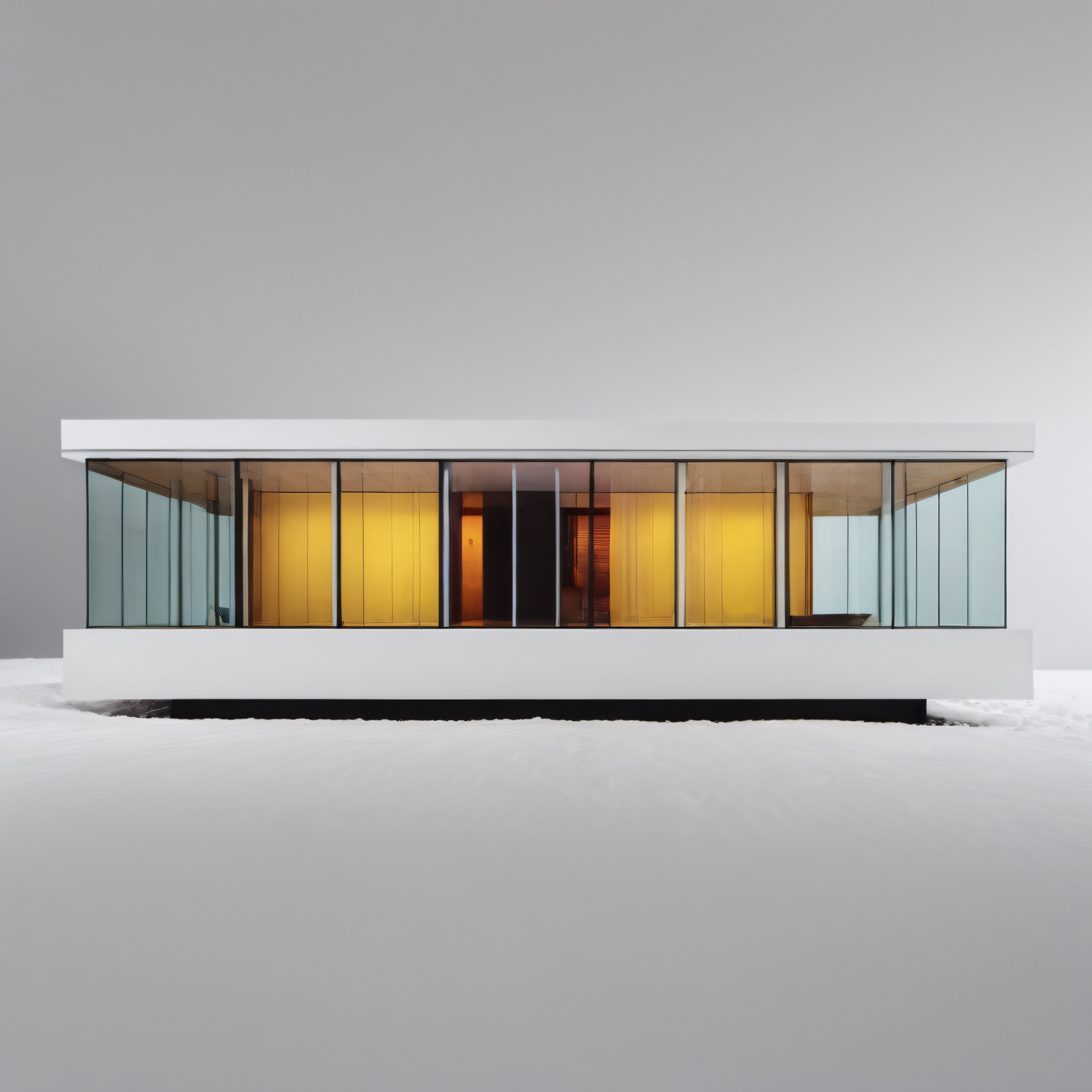 Karlı Vadi Üzerinde Asılı Duran Minimalist Cam ve Beton Villanın Gece Atmosferi