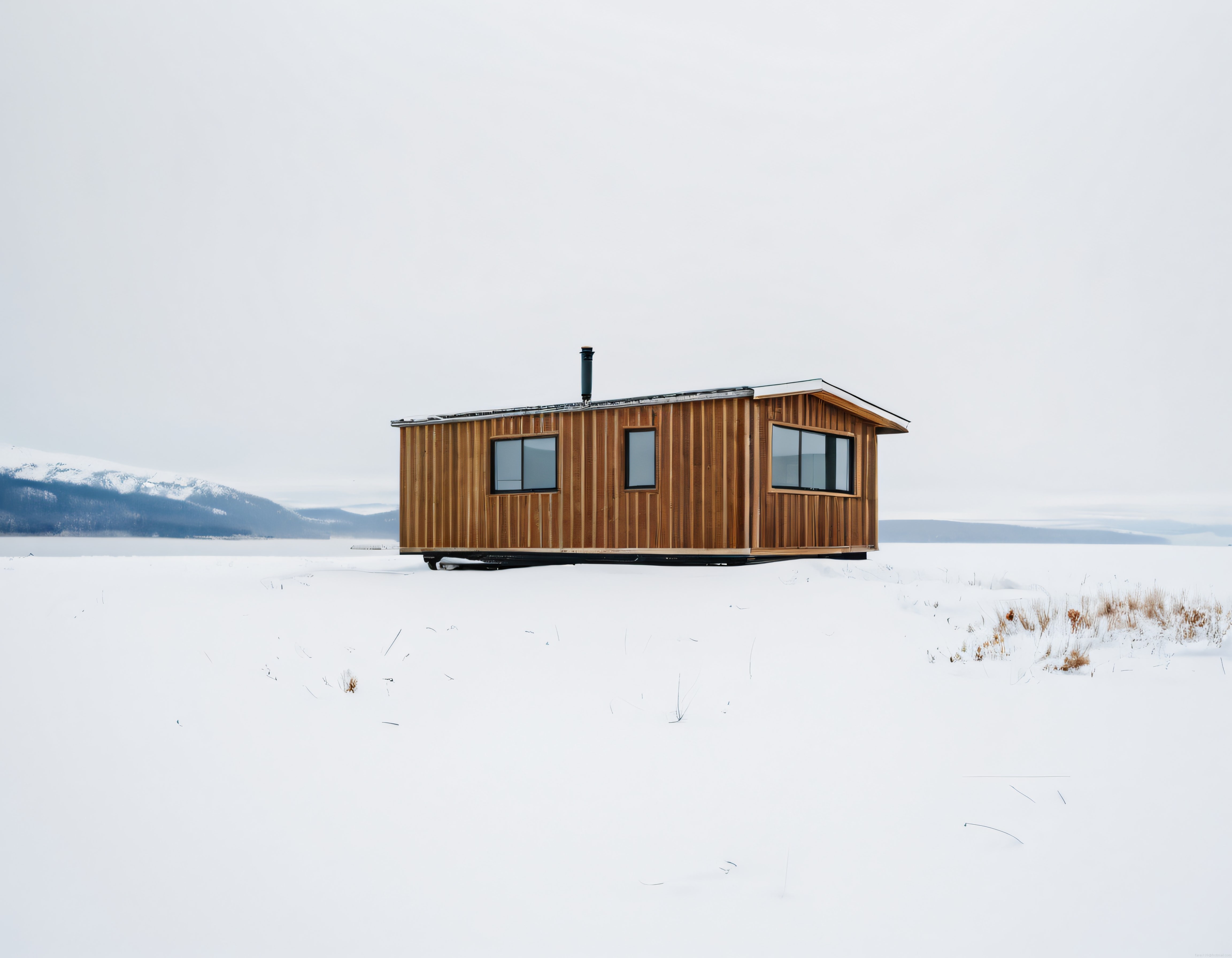 Karlı Vadi ve Uzak Dağların Eşliğinde Sessiz Ahşap Minimalist Kulübe
