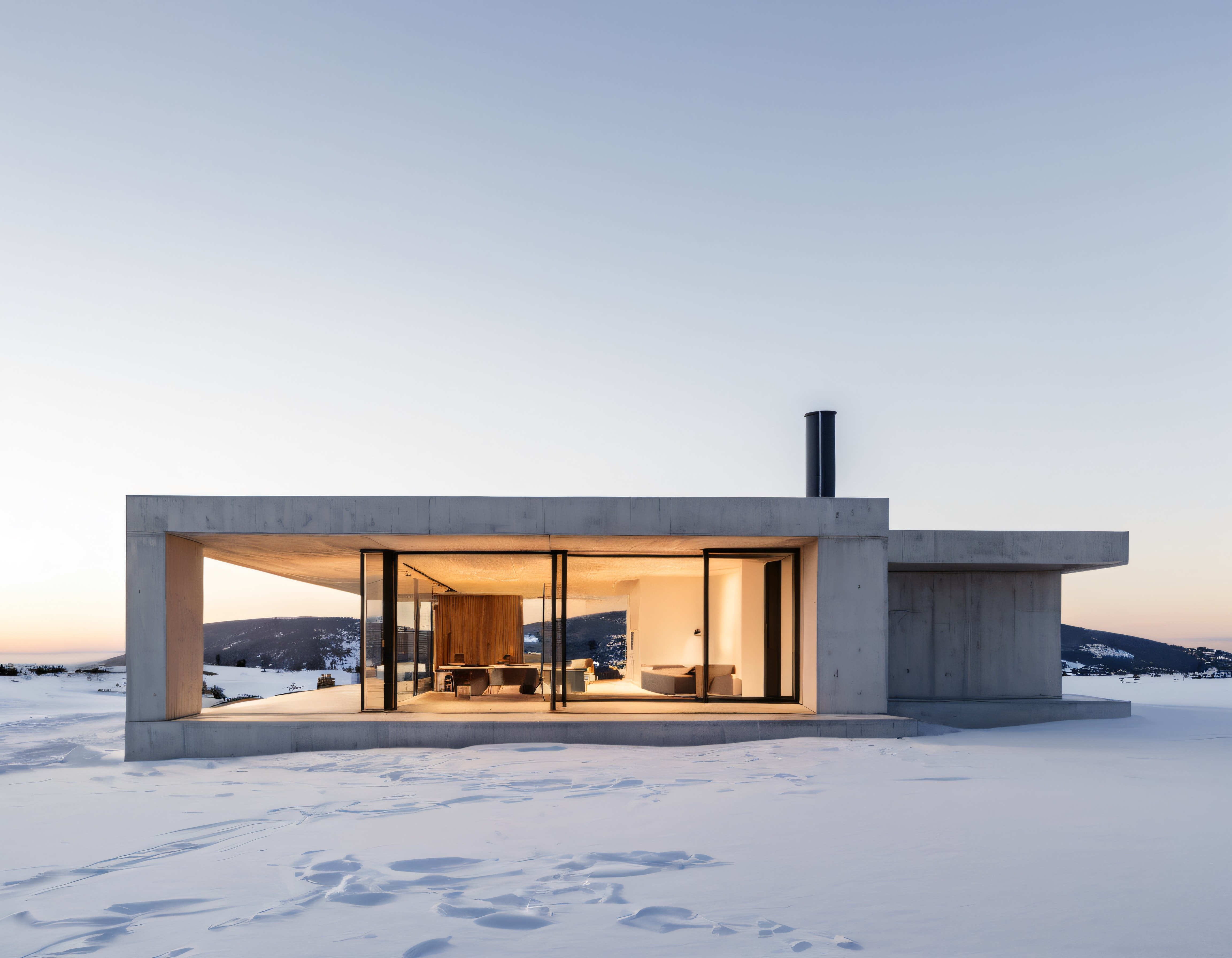 Karlı Vadide Cam Cepheli Minimal Beton Villa ve Gün Batımı Işığı
