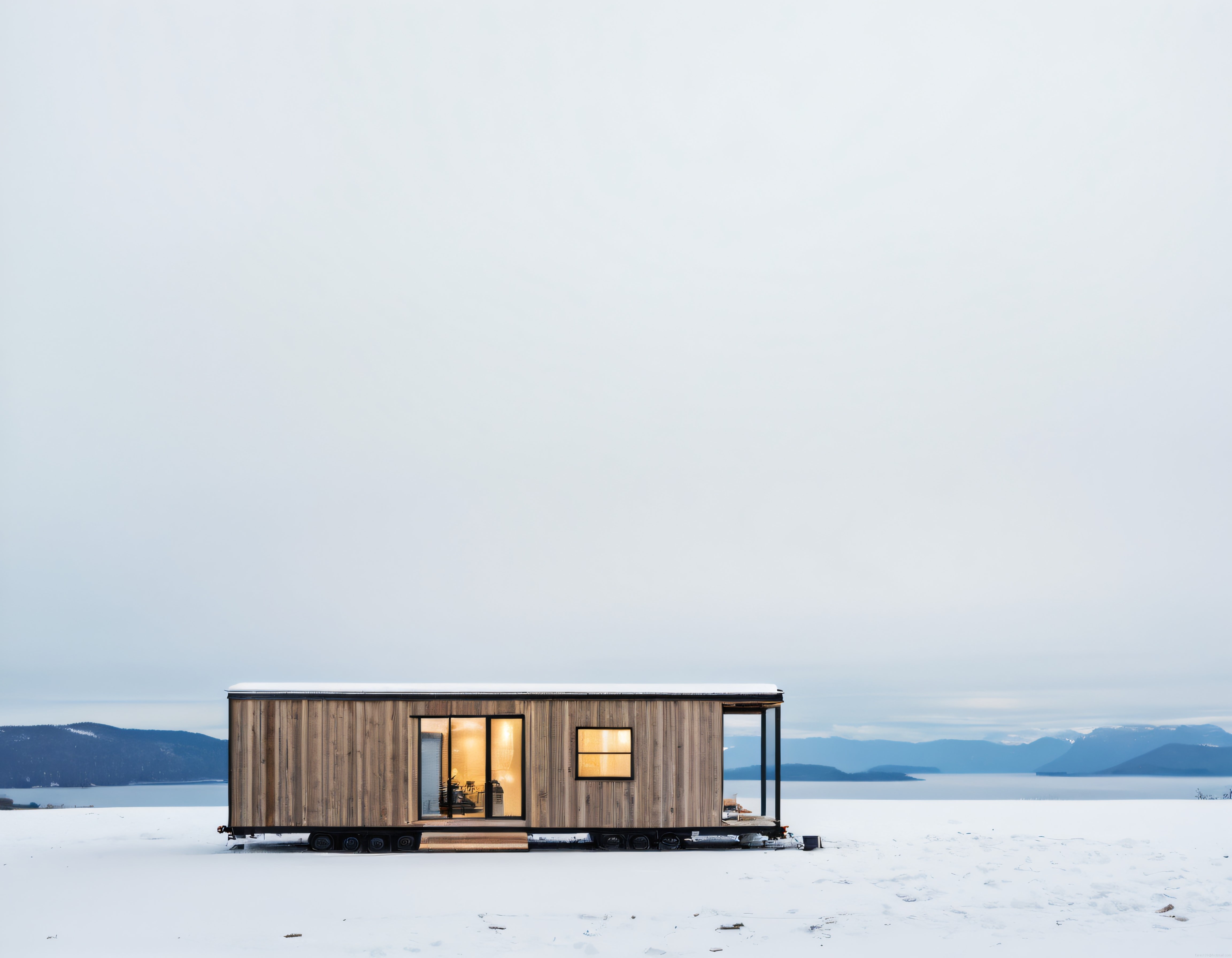 Karlı Vadide Göl Manzaralı Modern Ahşap Tiny House ve Huzur Dolu Atmosfer