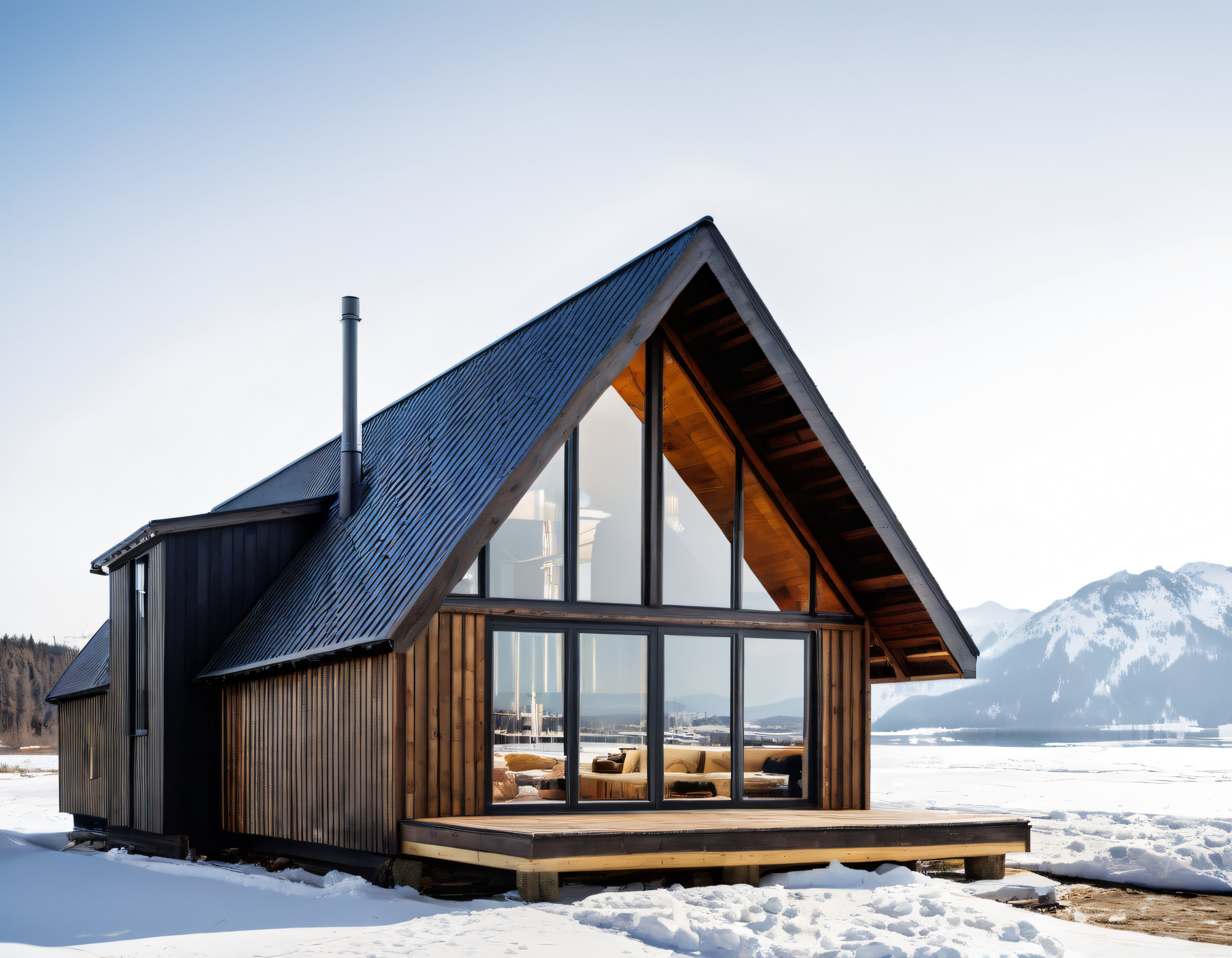 Karlı Vadide Göl ve Dağ Manzaralı Büyük Camlı Modern Ahşap A-Frame Ev