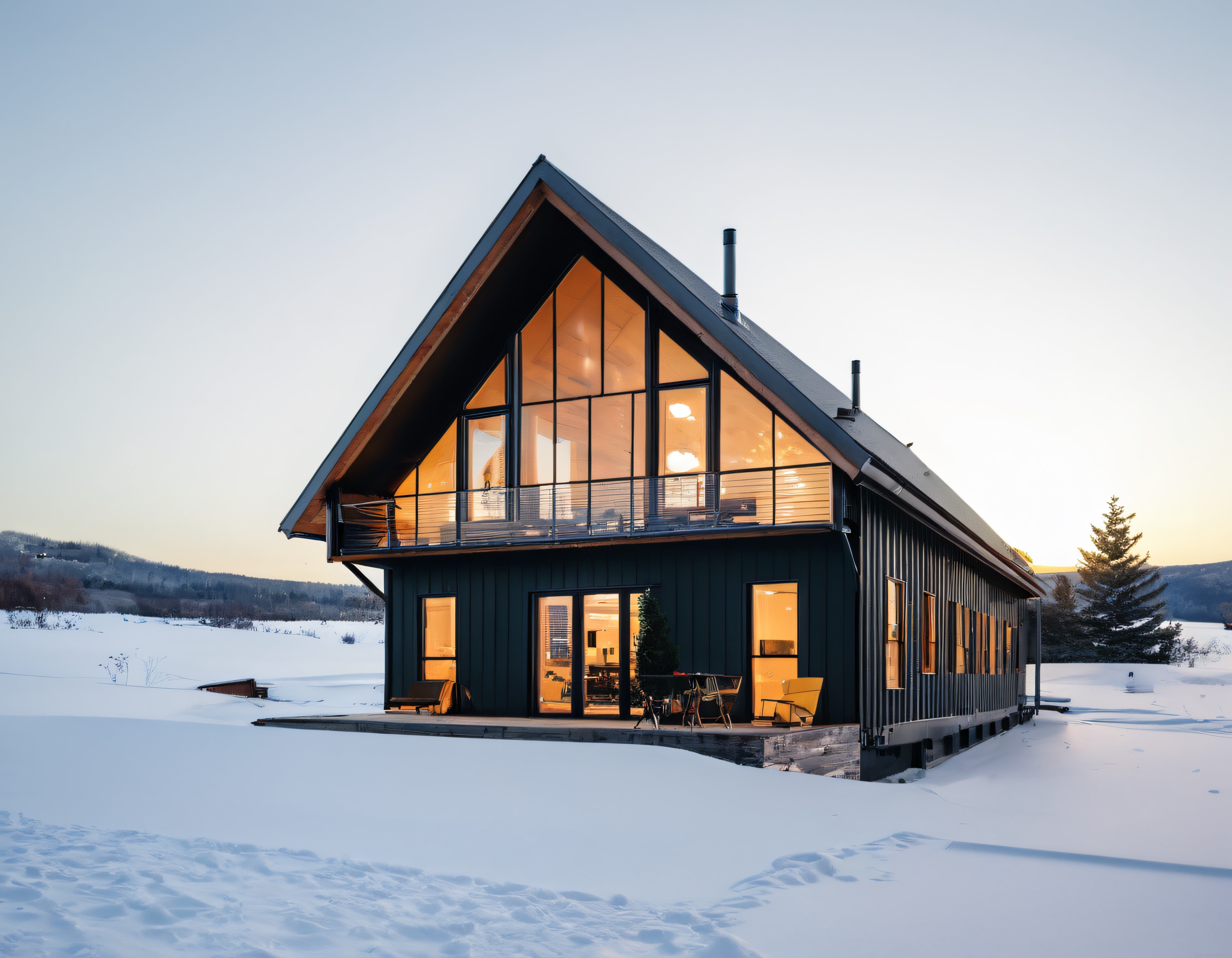 Karlı Vadide Gün Batımında Sıcak Işıklı Modern A Çatılı Dağ Evi