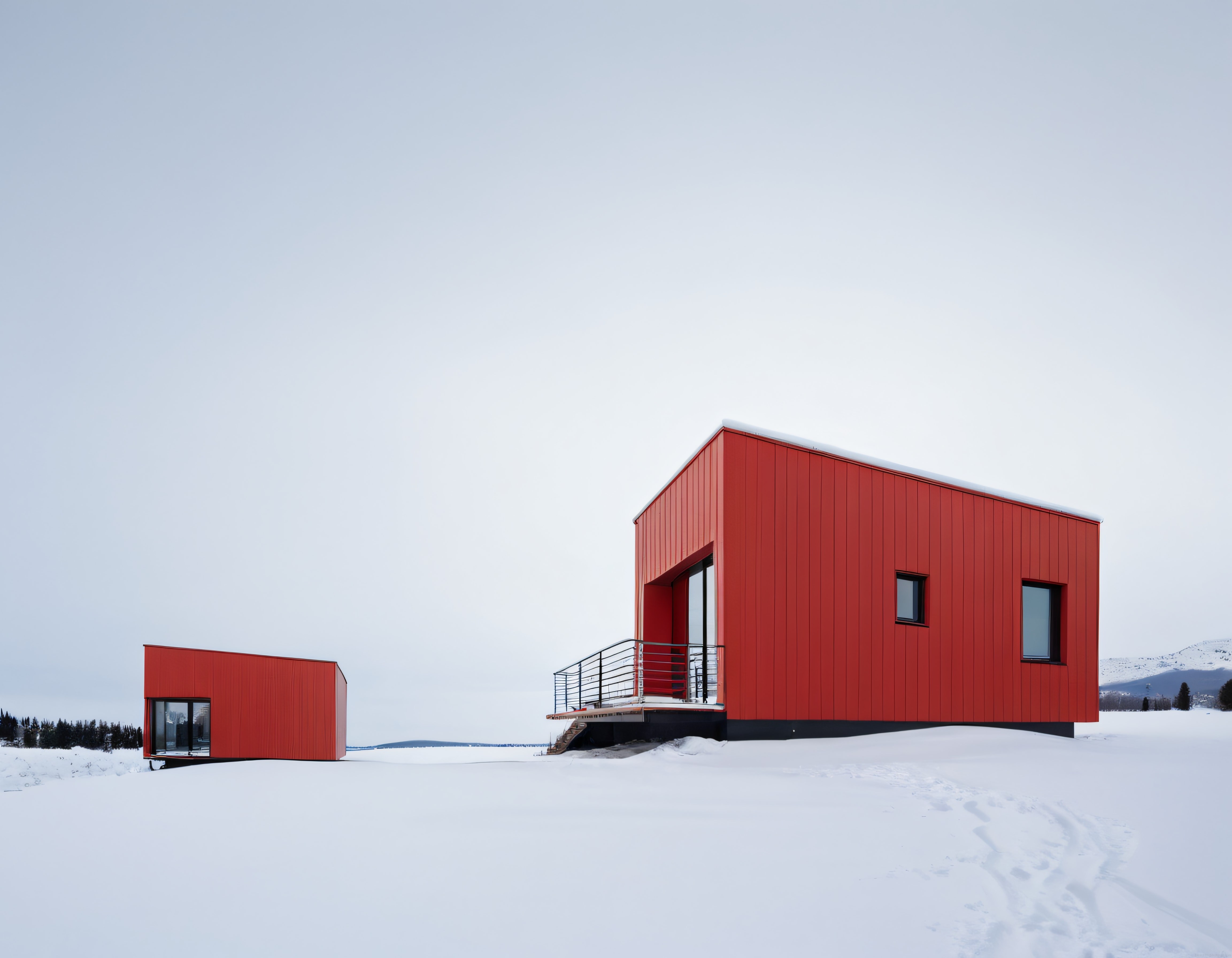 Karlı Vadide Kırmızı Modern Evler: Minimalist Kış Mimarisi Örneği