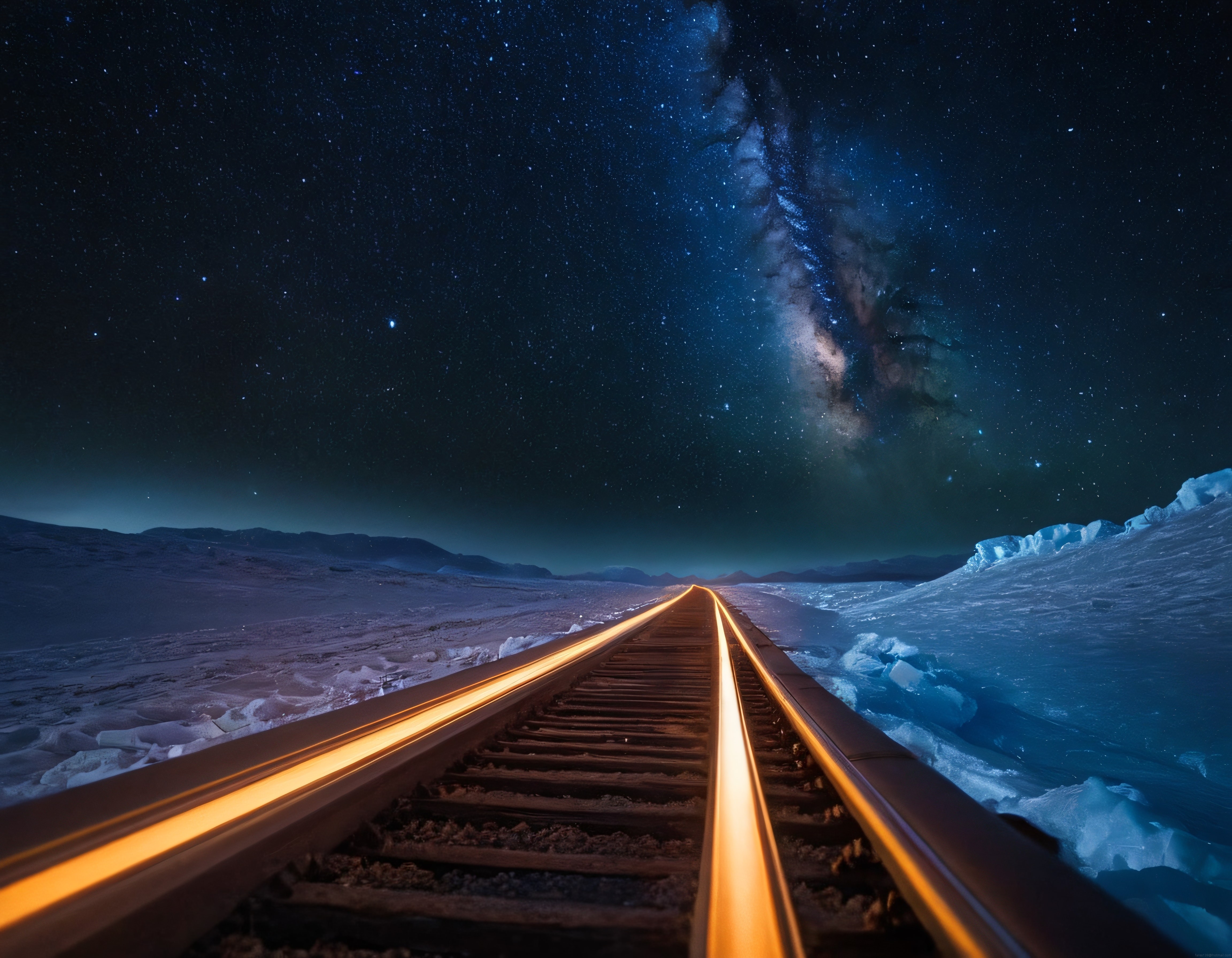 Karlı Vadide Samanyolu Altında Sonsuzluğa Uzanan Işıklı Tren Rayları