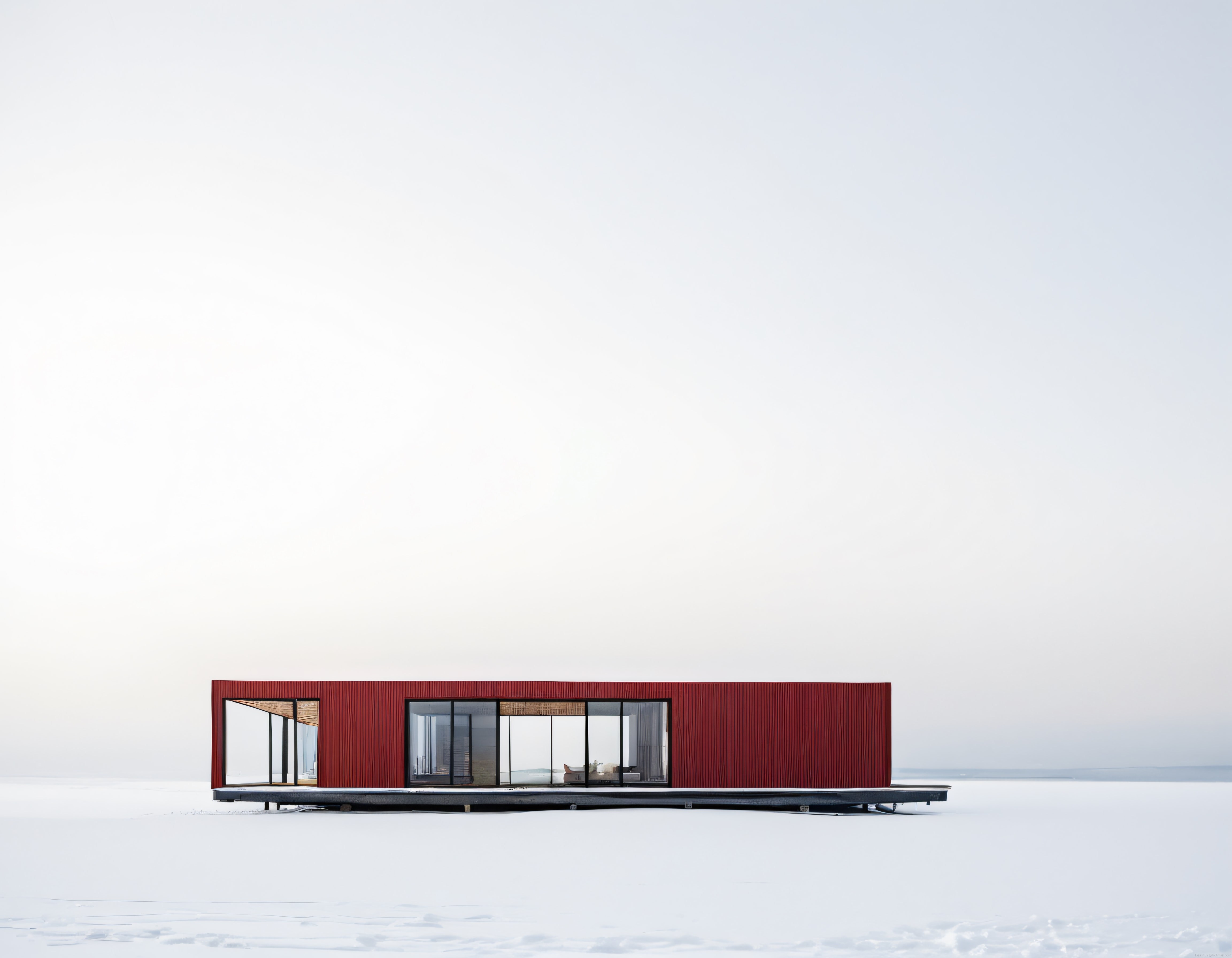 Karlı Vadide Yalnız Duran Modern Kırmızı Ev ve Minimalist Cam Cephe