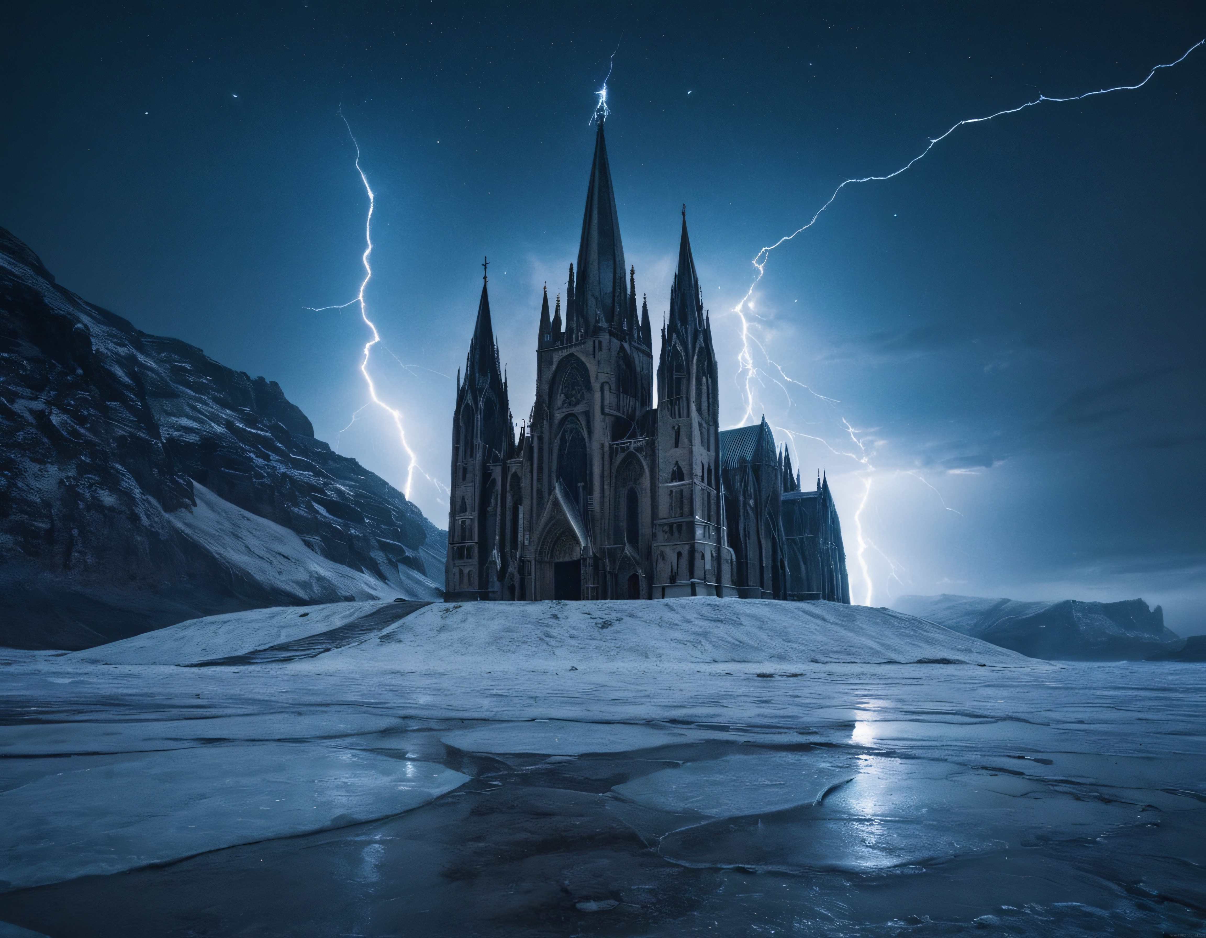 Karlı vadide yıldırım çakan gökyüzü altında terk edilmiş gotik katedral