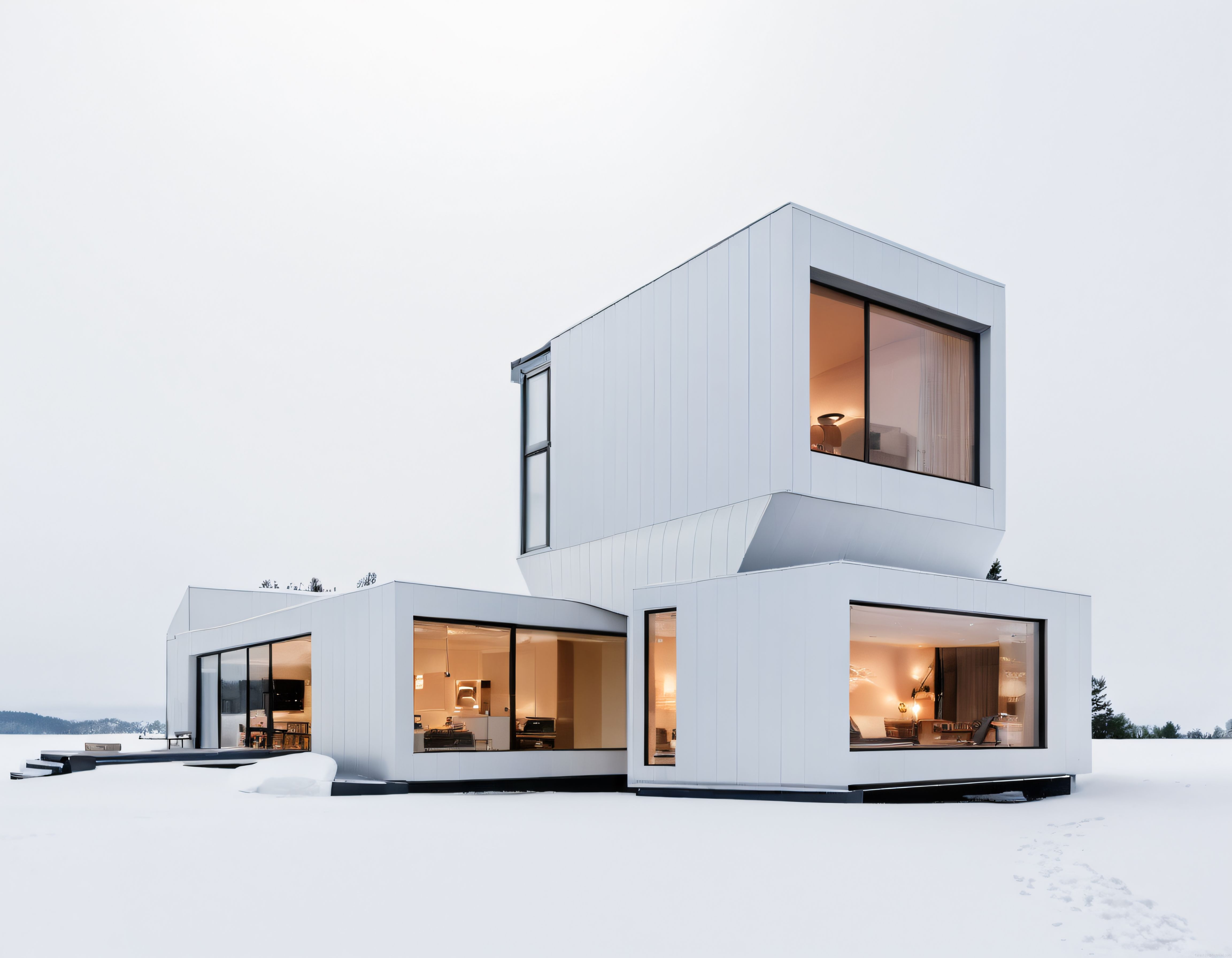 Karlı Vadiye Kurulmuş Çağdaş ve Minimalist Modüler Villa Tasarımı