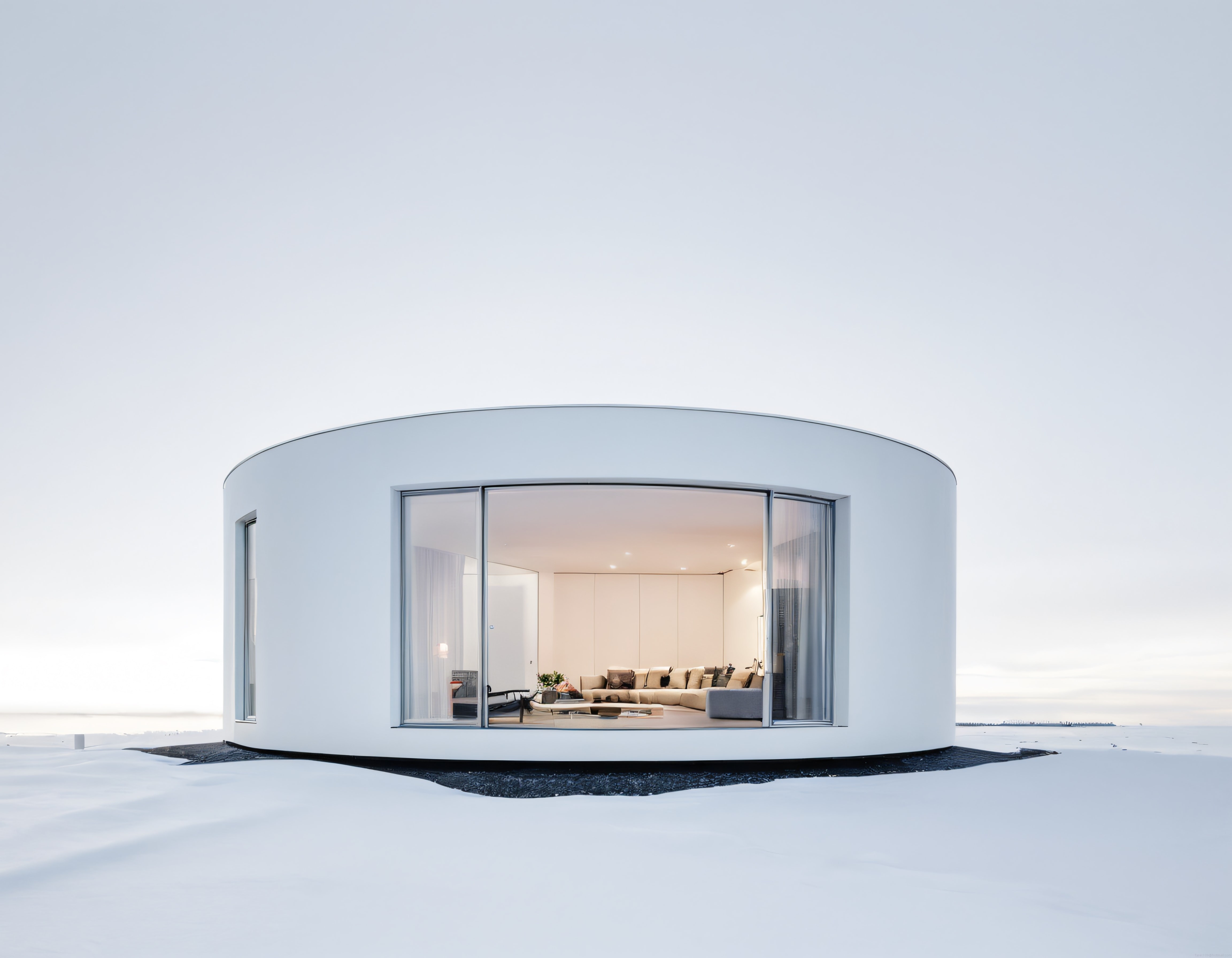 Karlı Vadiye Yerleştirilmiş Minimalist ve Modern Yuvarlak Cam Ev Tasarımı