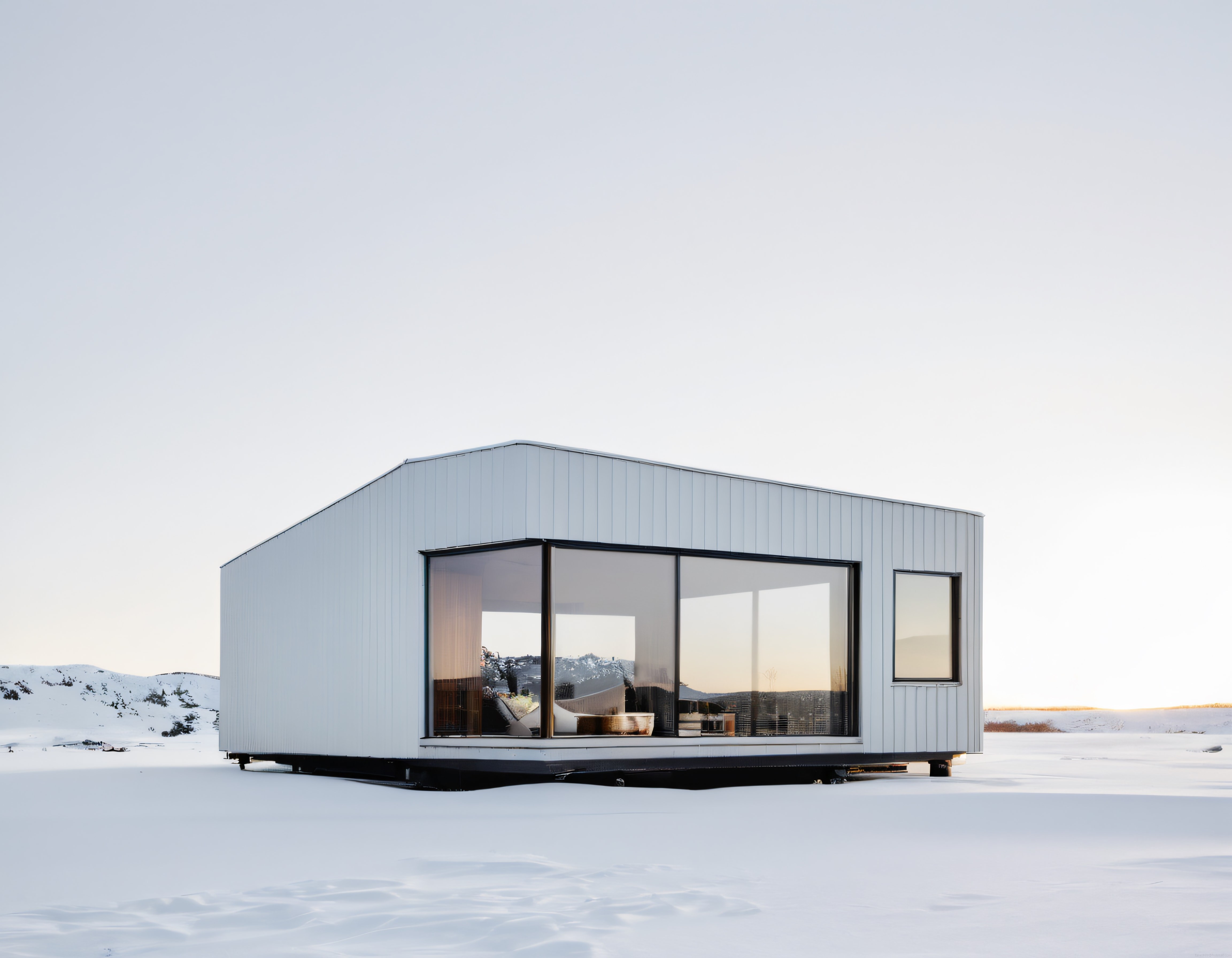 Karlı Vahada Büyük Camlı Modern Minimalist Prefabrik Ev Tasarımı