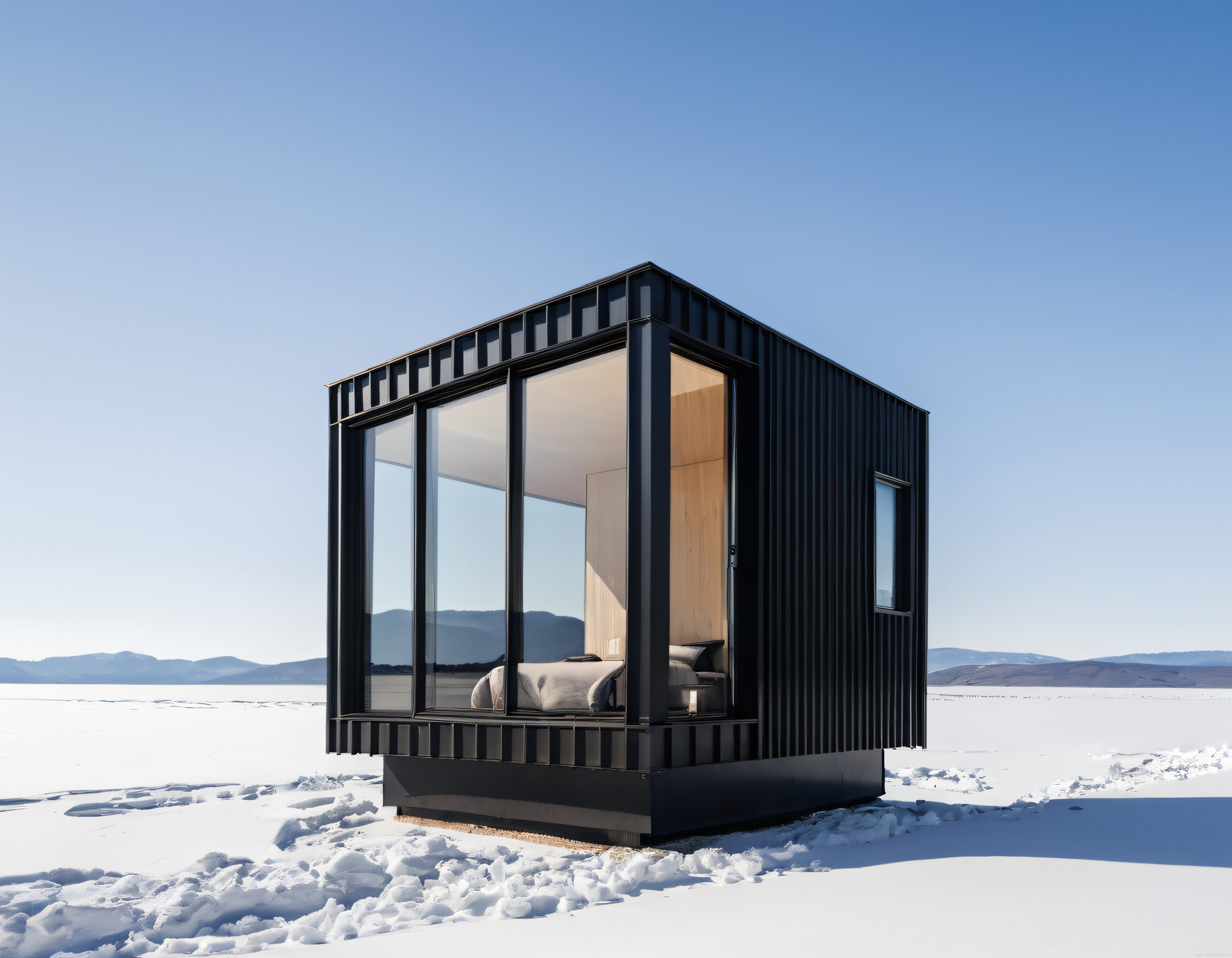 Karlı Vahada Büyük Panoramik Camlarıyla Modern Minimalist Mikro Ev