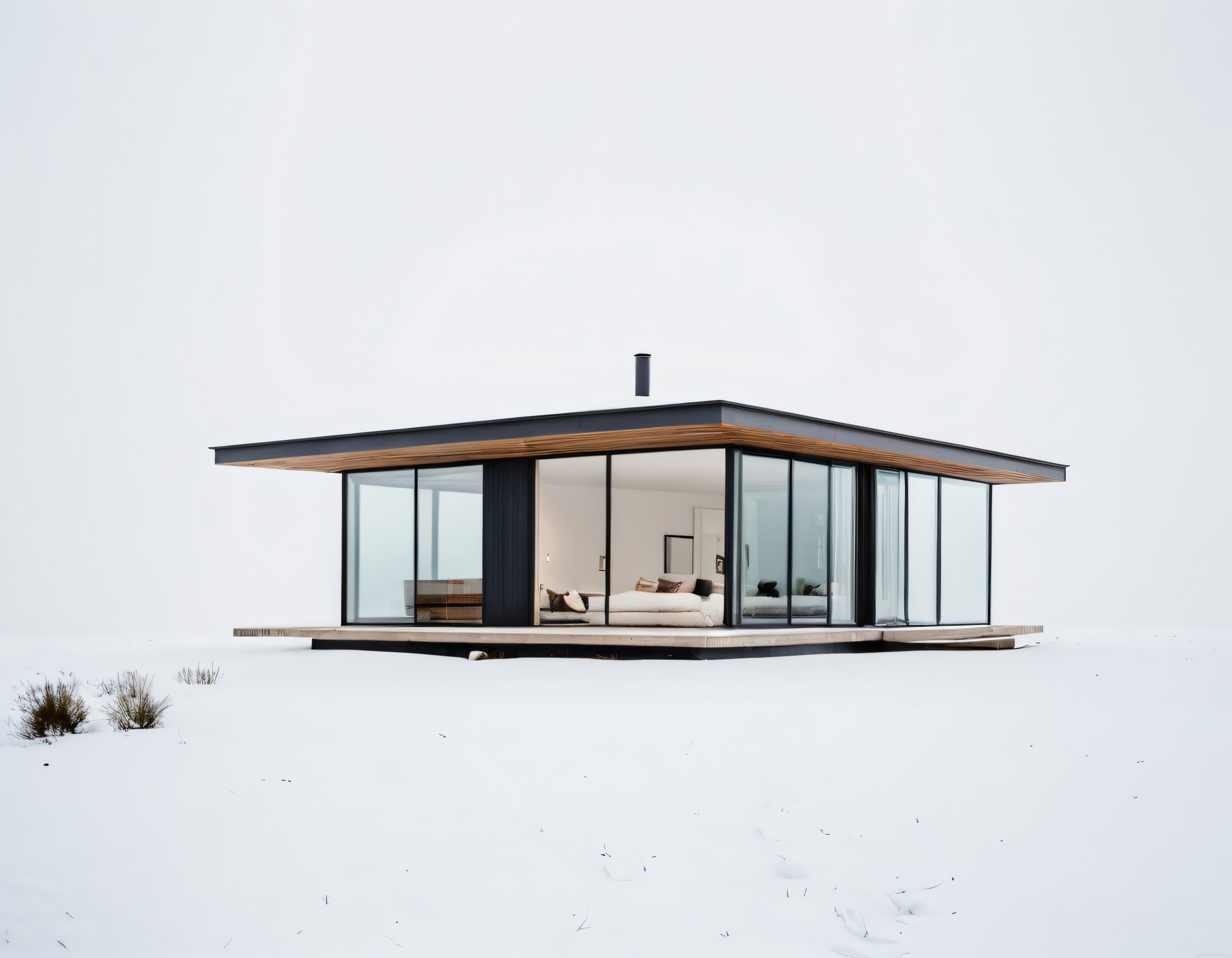 Karlı ve Issız Doğada Panoramik Camlı Modern Minimalist Ev Konsepti