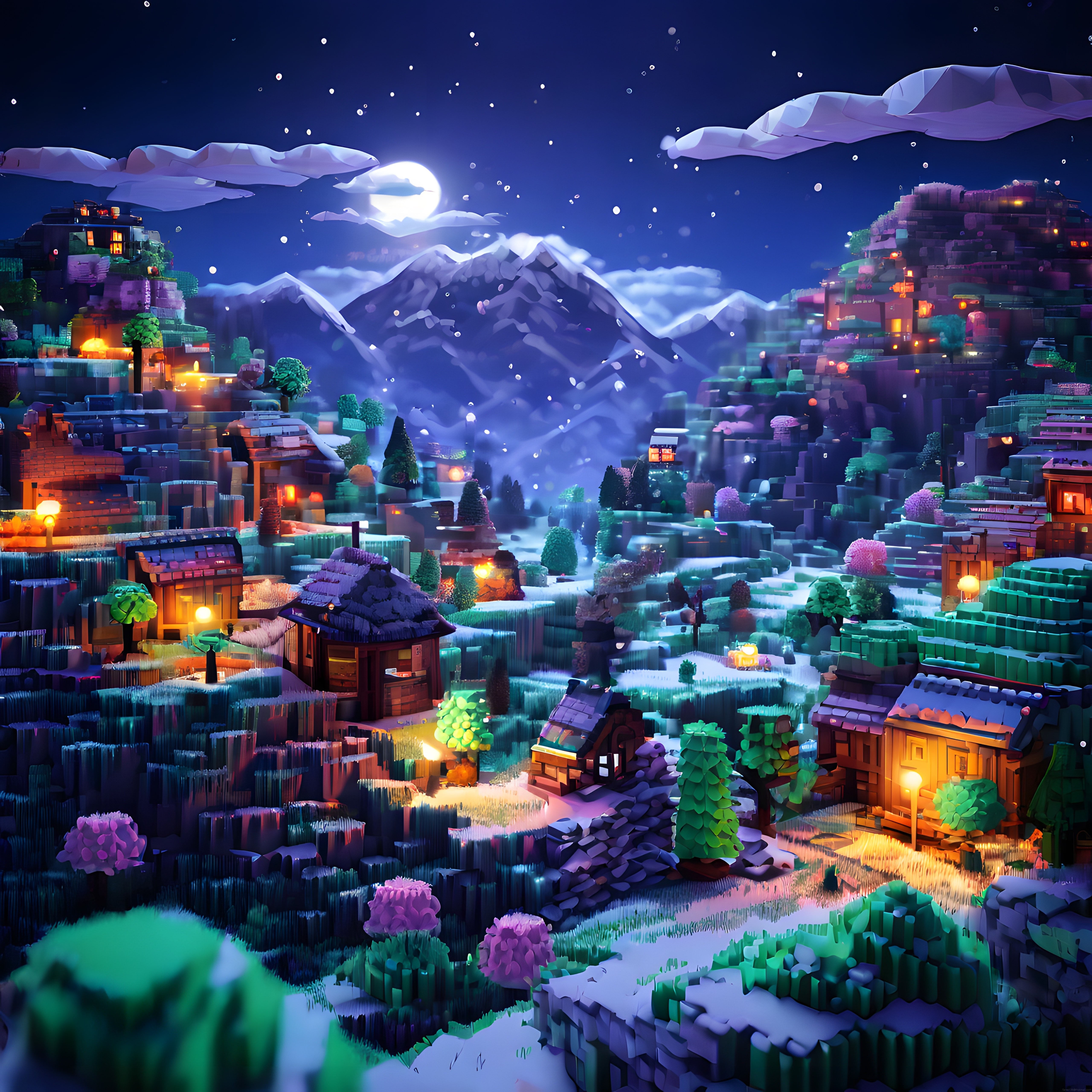 Karlı Voxel Köyünde Ayışığında Büyüleyici Kış Gecesi Dijital Sanat