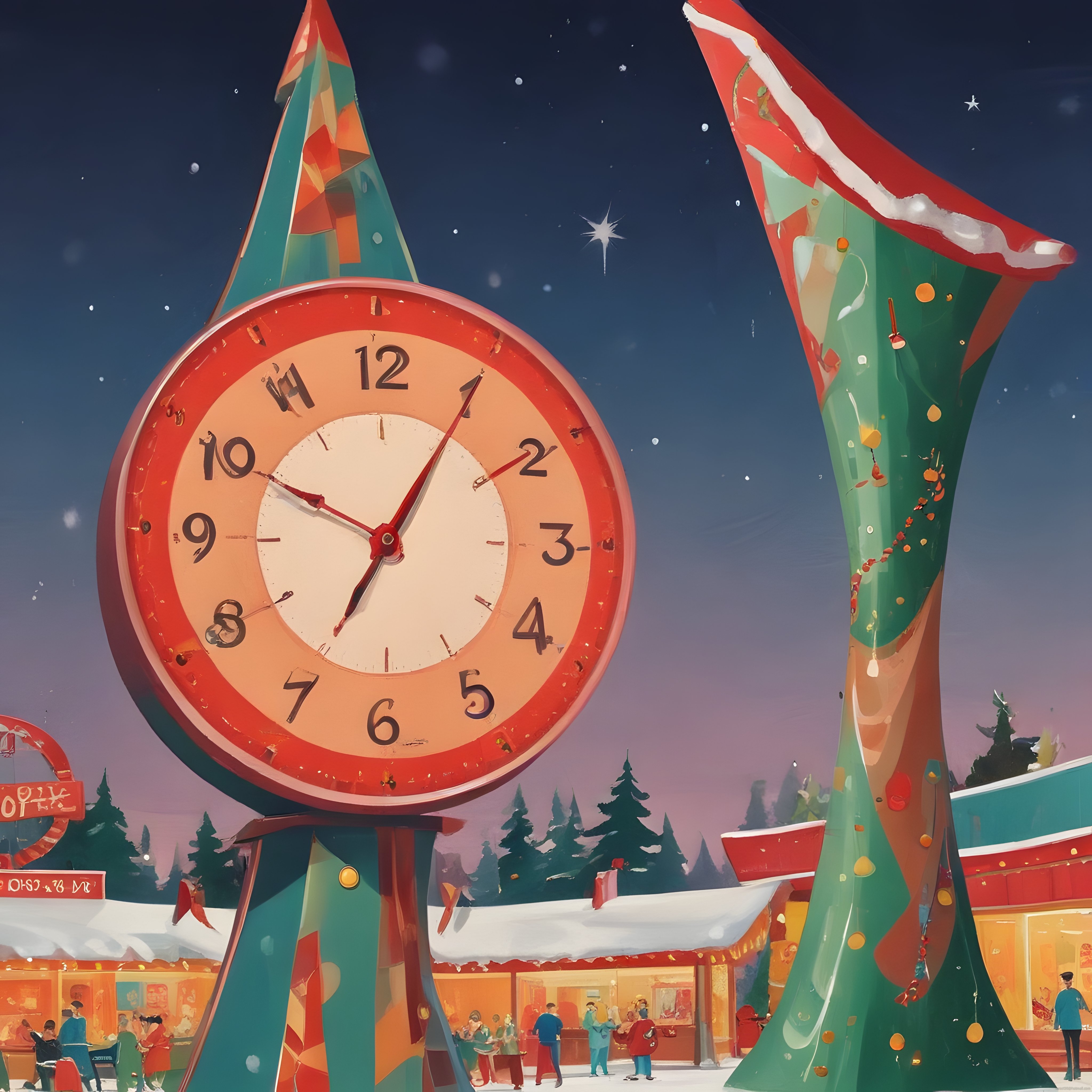 Karlı Yılbaşı Gecesinde Dev Saat Kulesi ve Işıltılı Noel Pazarı Atmosferi