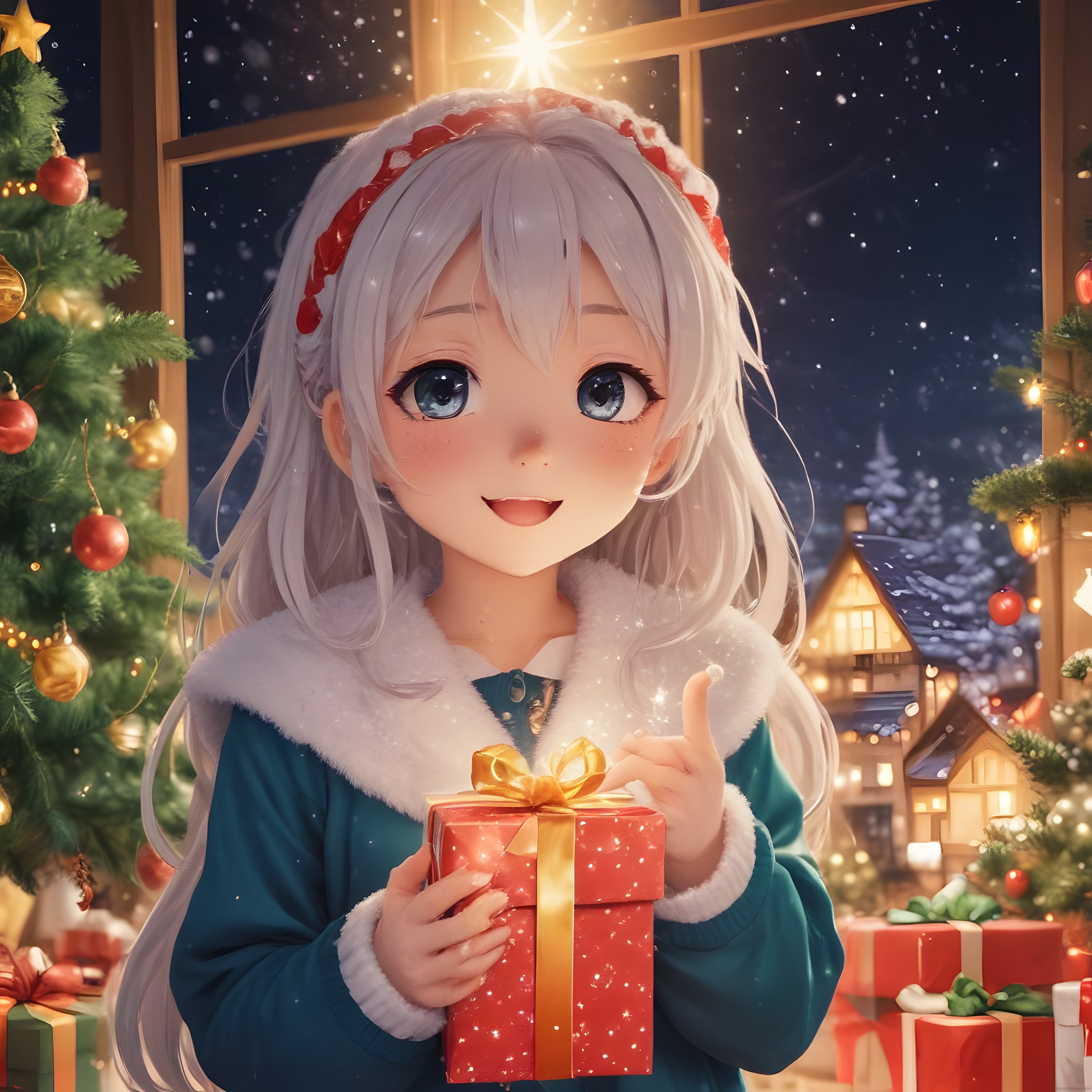 Karlı Yılbaşı Gecesinde Sıcacık Hediyeyle Gülümseyen Beyaz Saçlı Anime Kız