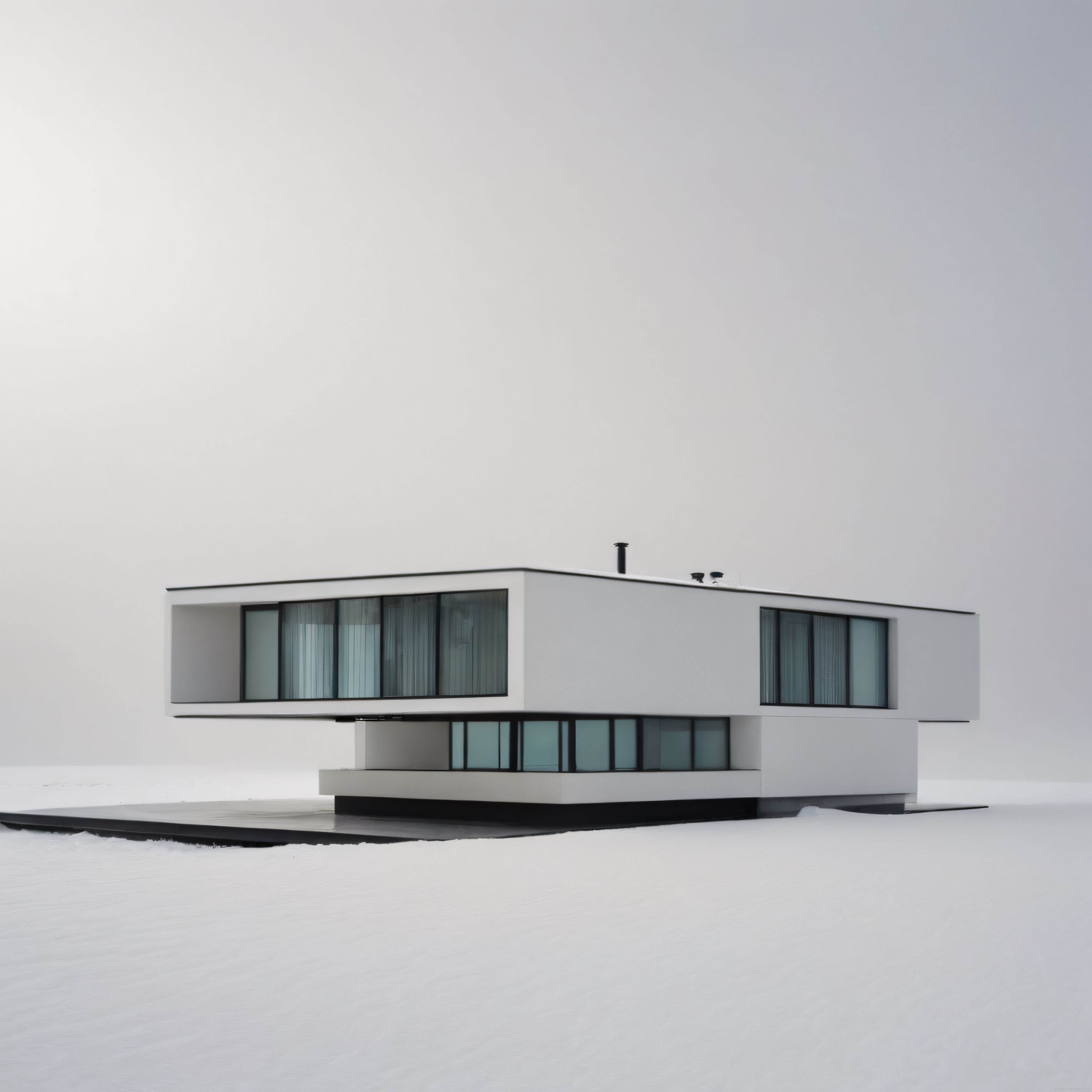 Karlı Zeminde Asılı Kalan Beyaz Minimalist Villa ve Çarpıcı Modern Mimari