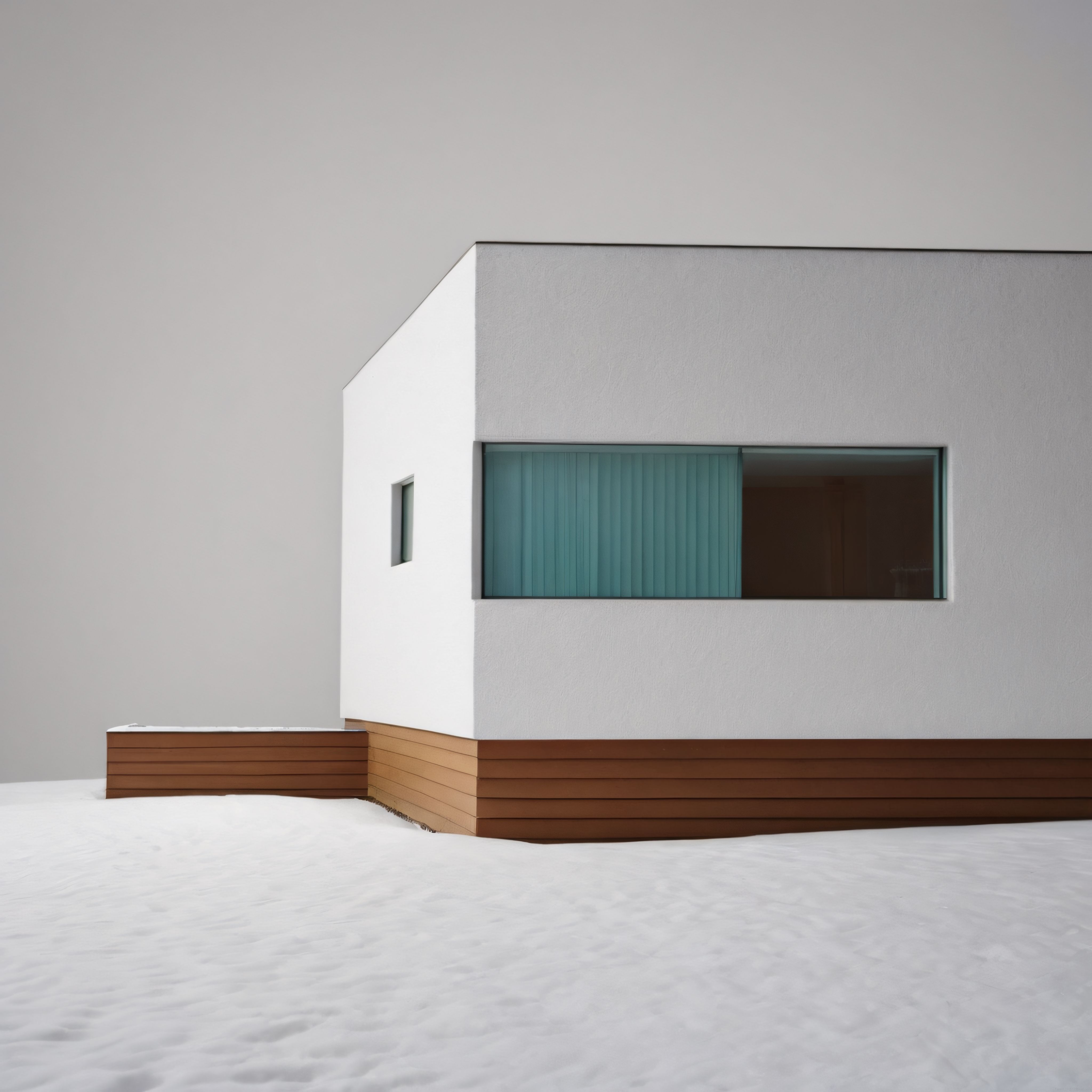 Karlı Zeminde Beyaz Duvarlı ve Ahşap Detaylı Minimalist Modern Mimari