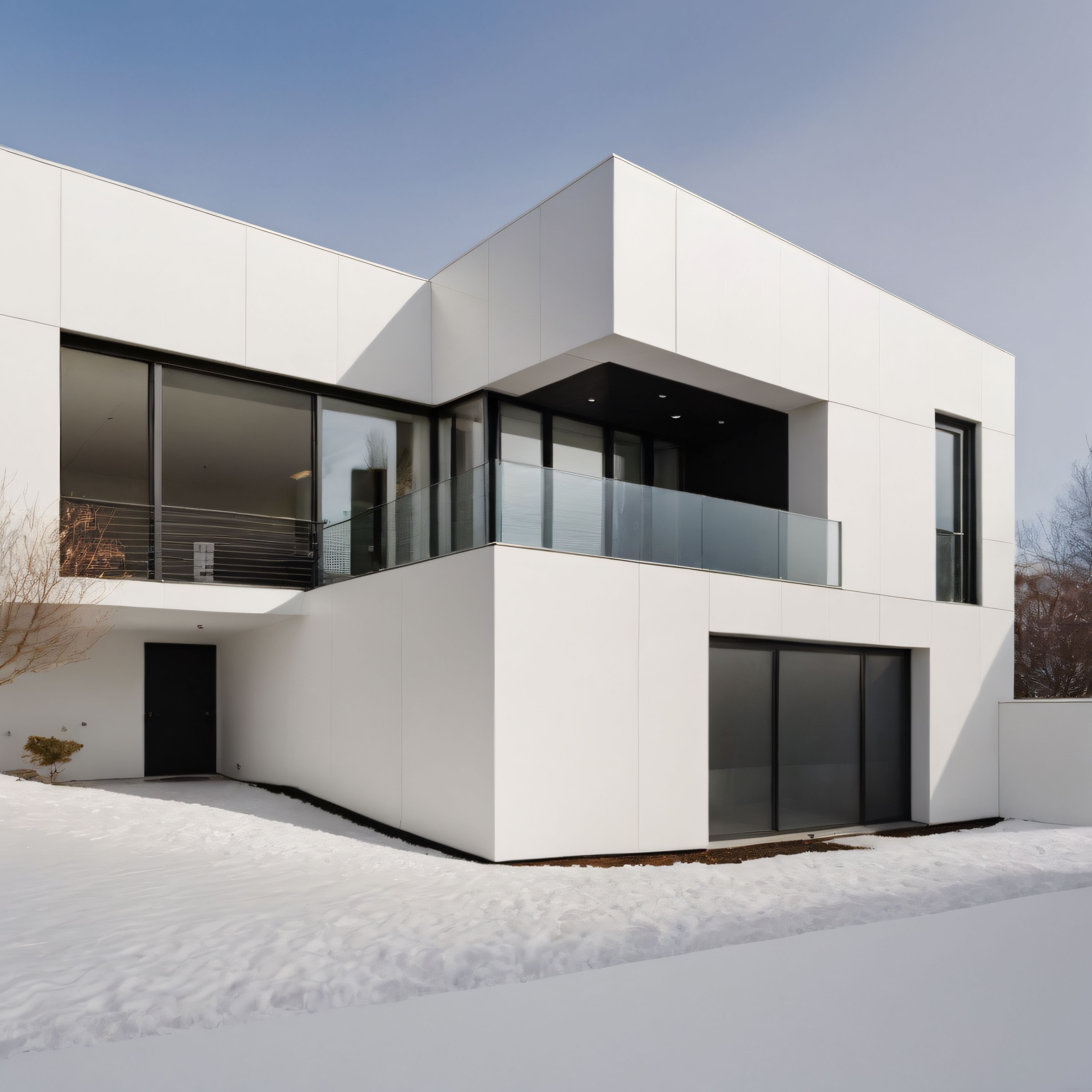 Karlı zeminde beyaz modern mimari villa ve geniş cam cephe detayları