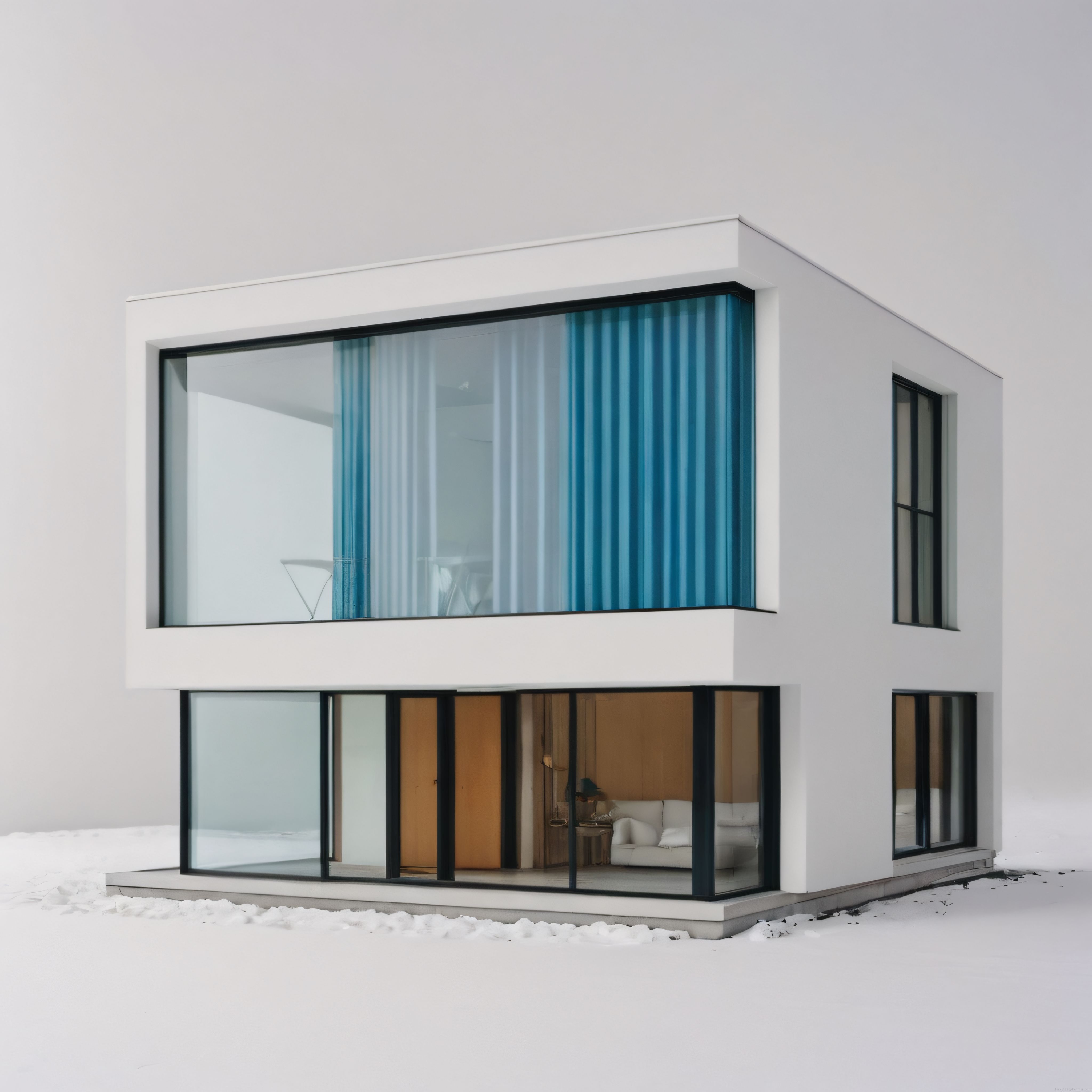 karlı zeminde cam cepheli modern beyaz villa ve mavi perde detayı