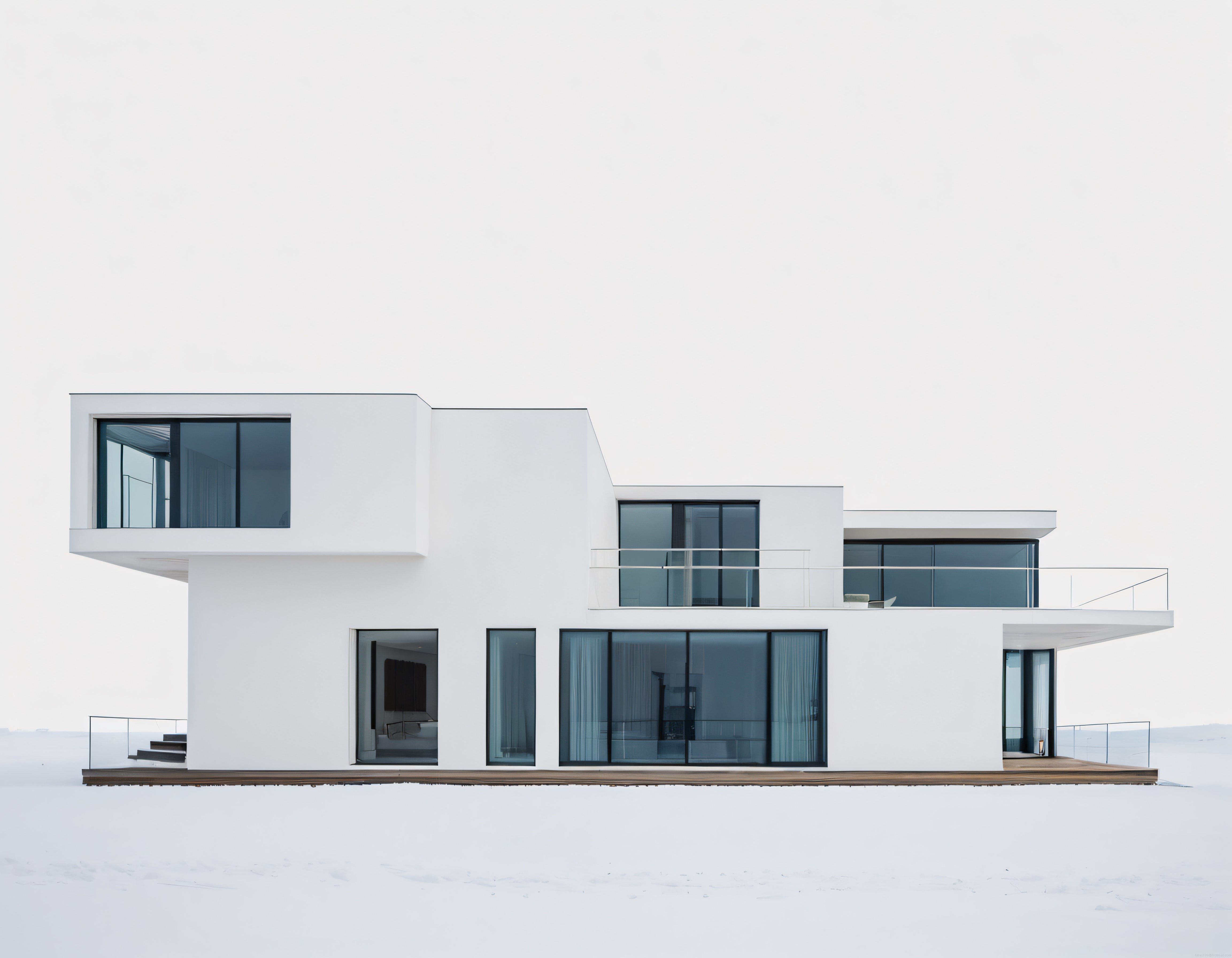 Karlı zeminde geniş cam yüzeyleri ve geometrik formlarıyla çağdaş beyaz villa