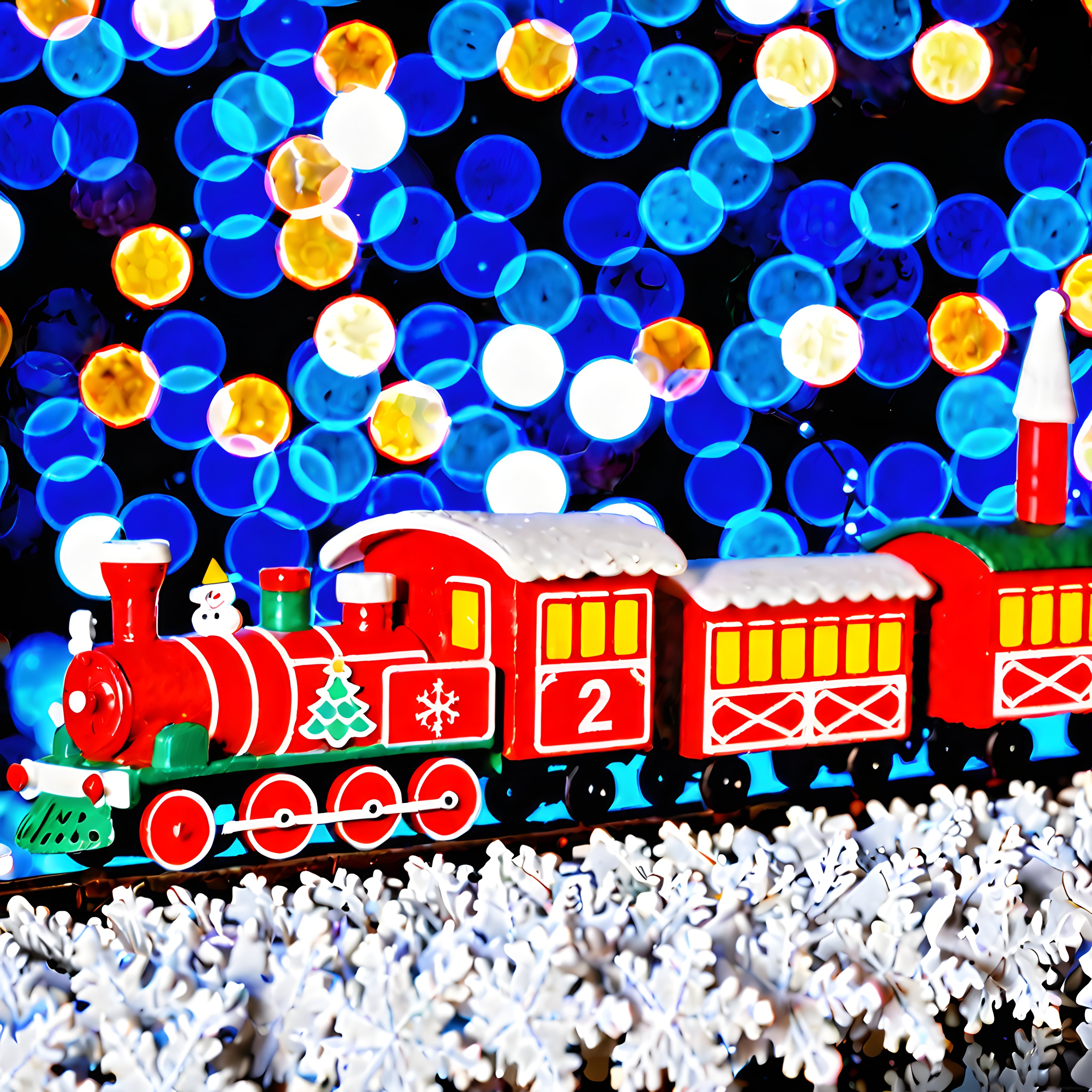 Karlı Zeminde Kırmızı Oyuncak Tren ve Renkli Bokeh Işıklı Yılbaşı Dekoru