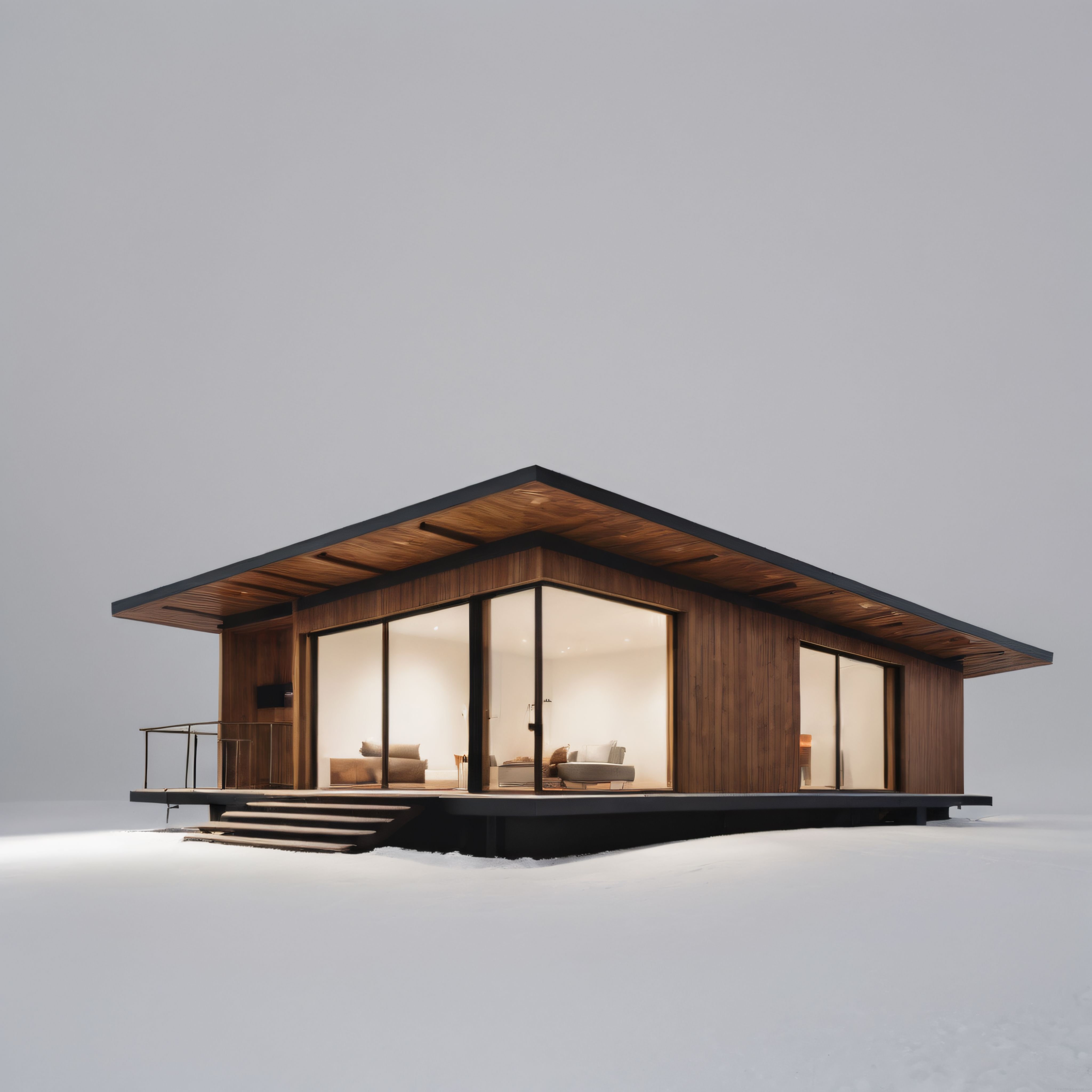 Karlı Zeminde Modern Ahşap Kaplamalı Büyük Camlı Minimalist Ev