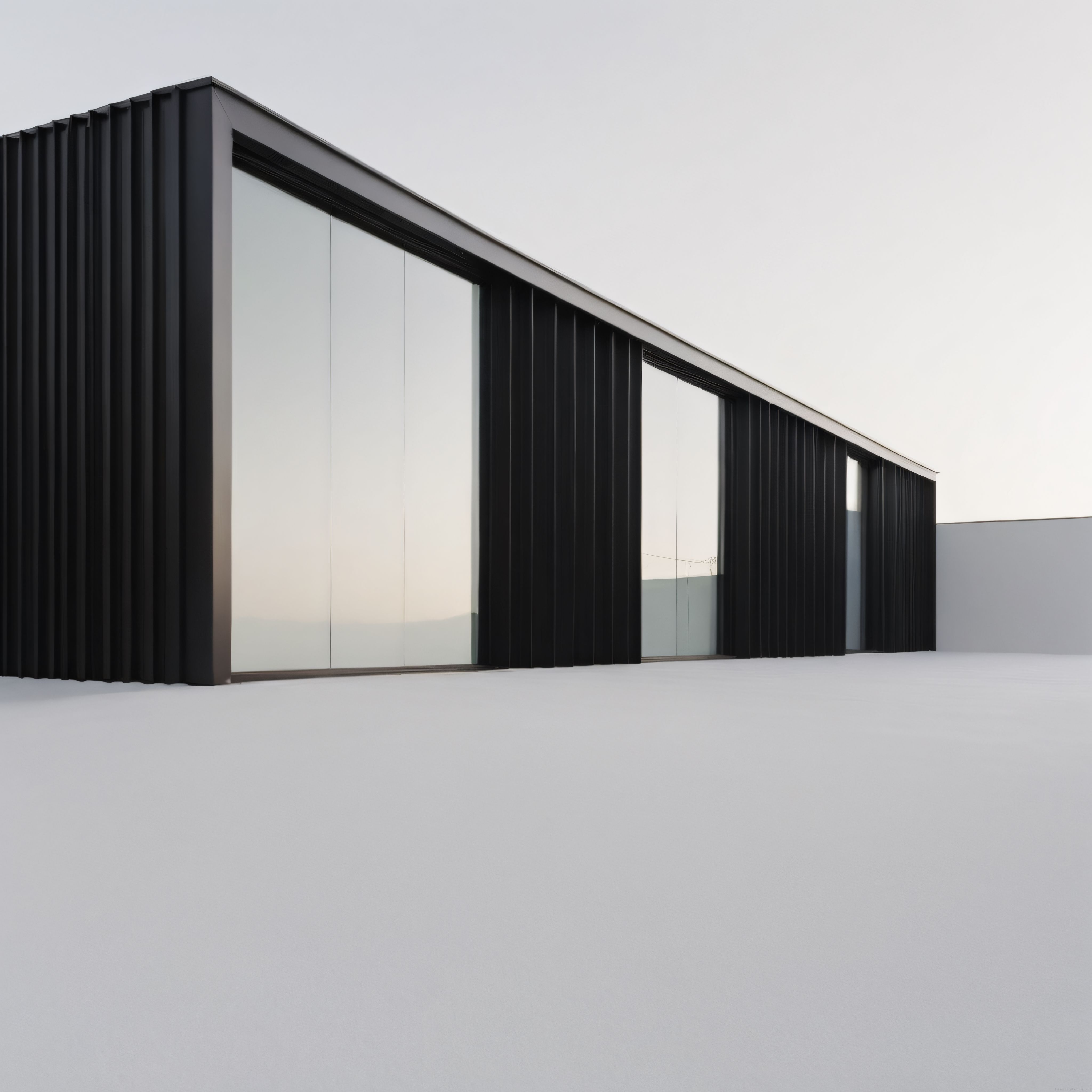 Karlı zeminde uzanan modern minimalist mimari ve yansıtan cam cephe