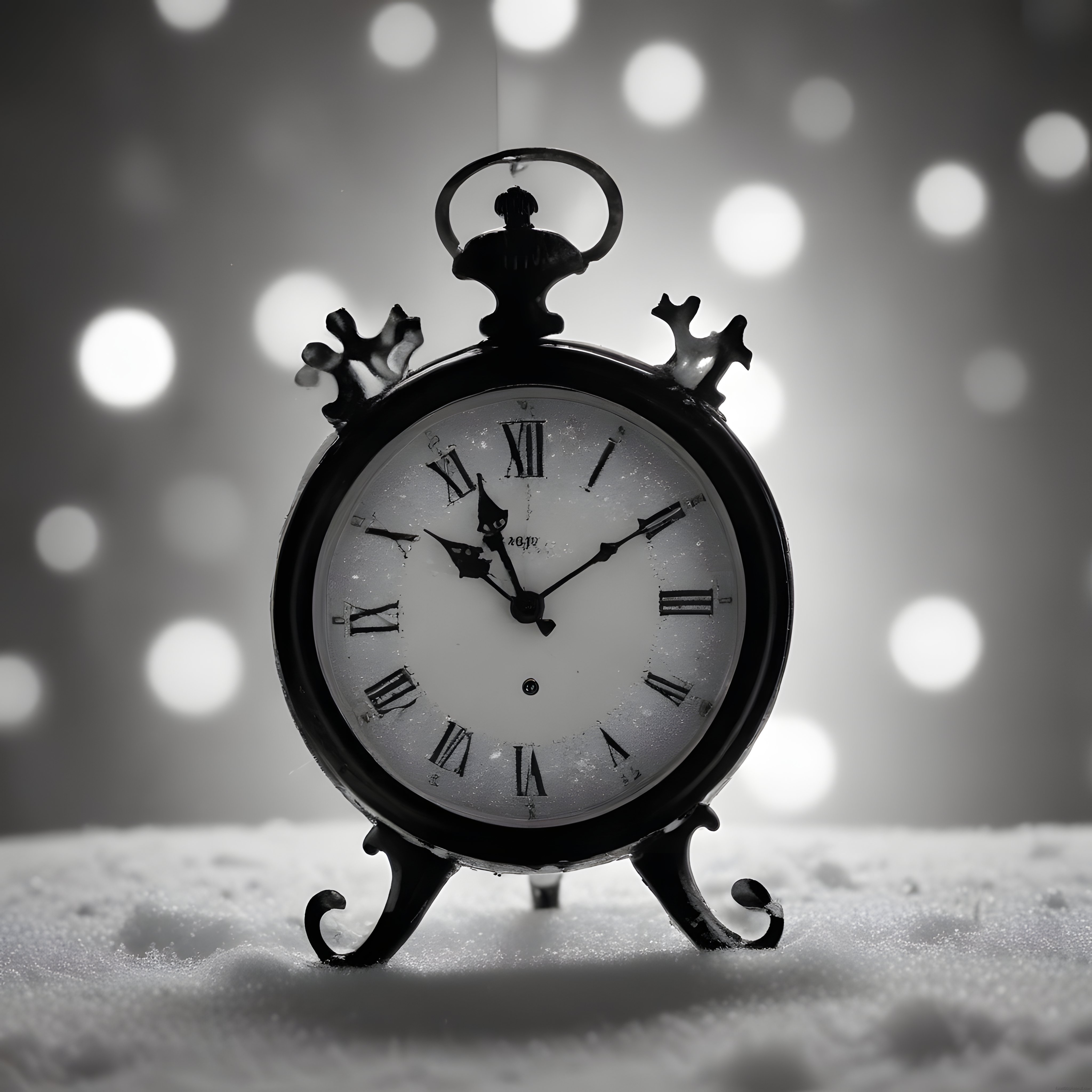 Karlı Zeminde Vintage Antika Masa Saati ve Yumuşak Bokeh Işıklar Arka Planı