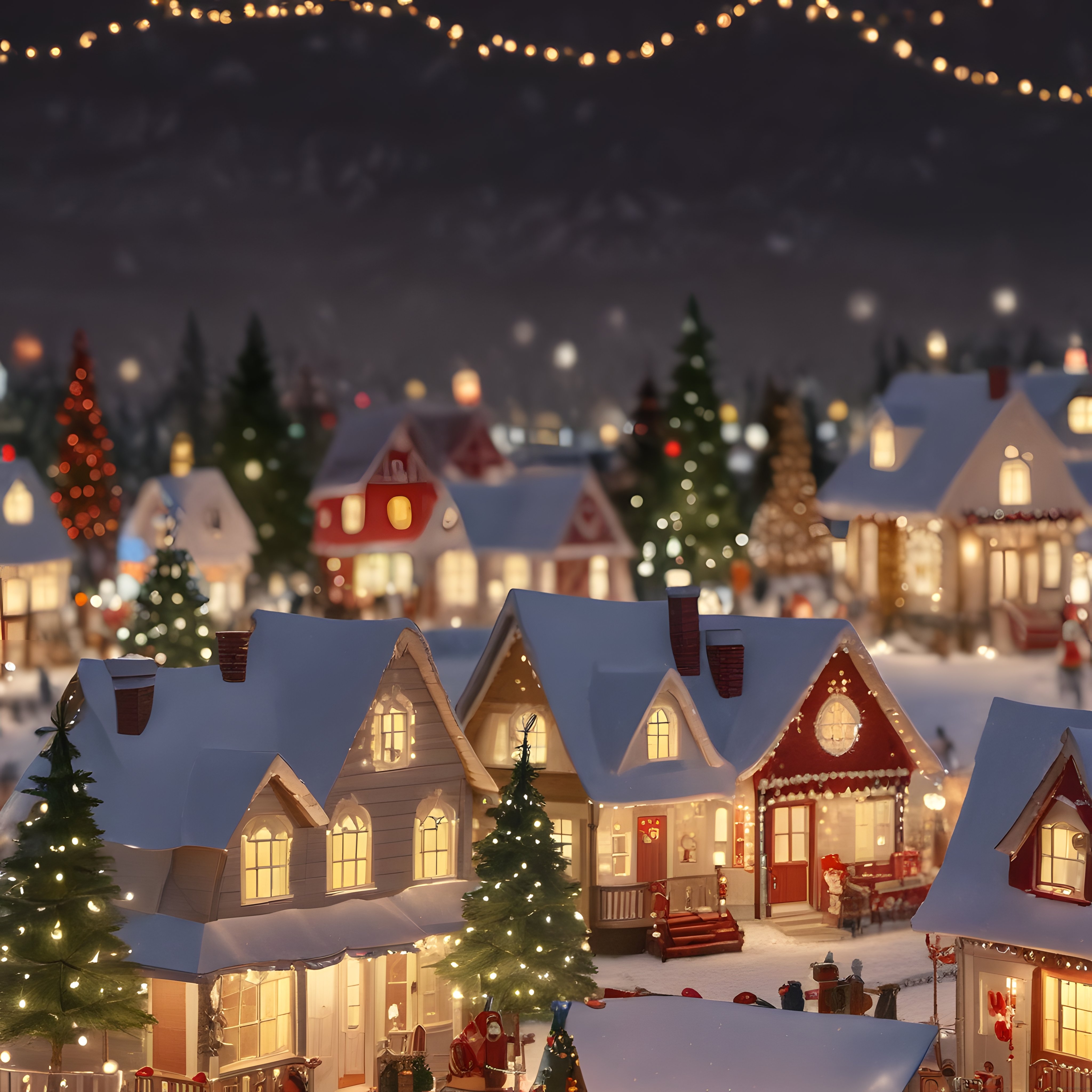 Karlı Zeminli Masalsı Noel Köyünde Sihirli Kış Akşamı Manzarası
