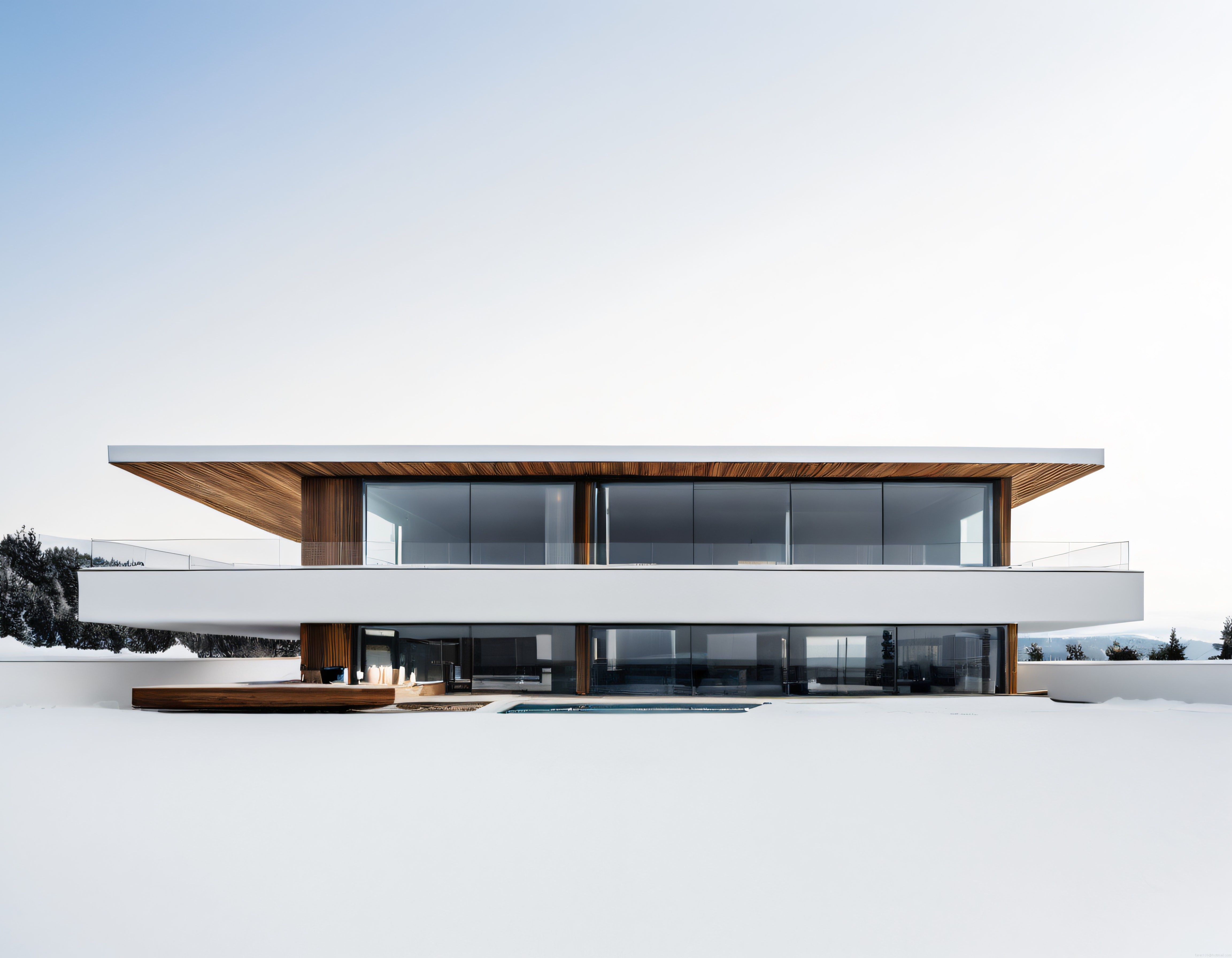 Karlı zirvede cam ve ahşapla süspansiyonlu ultra modern villa tasarımı
