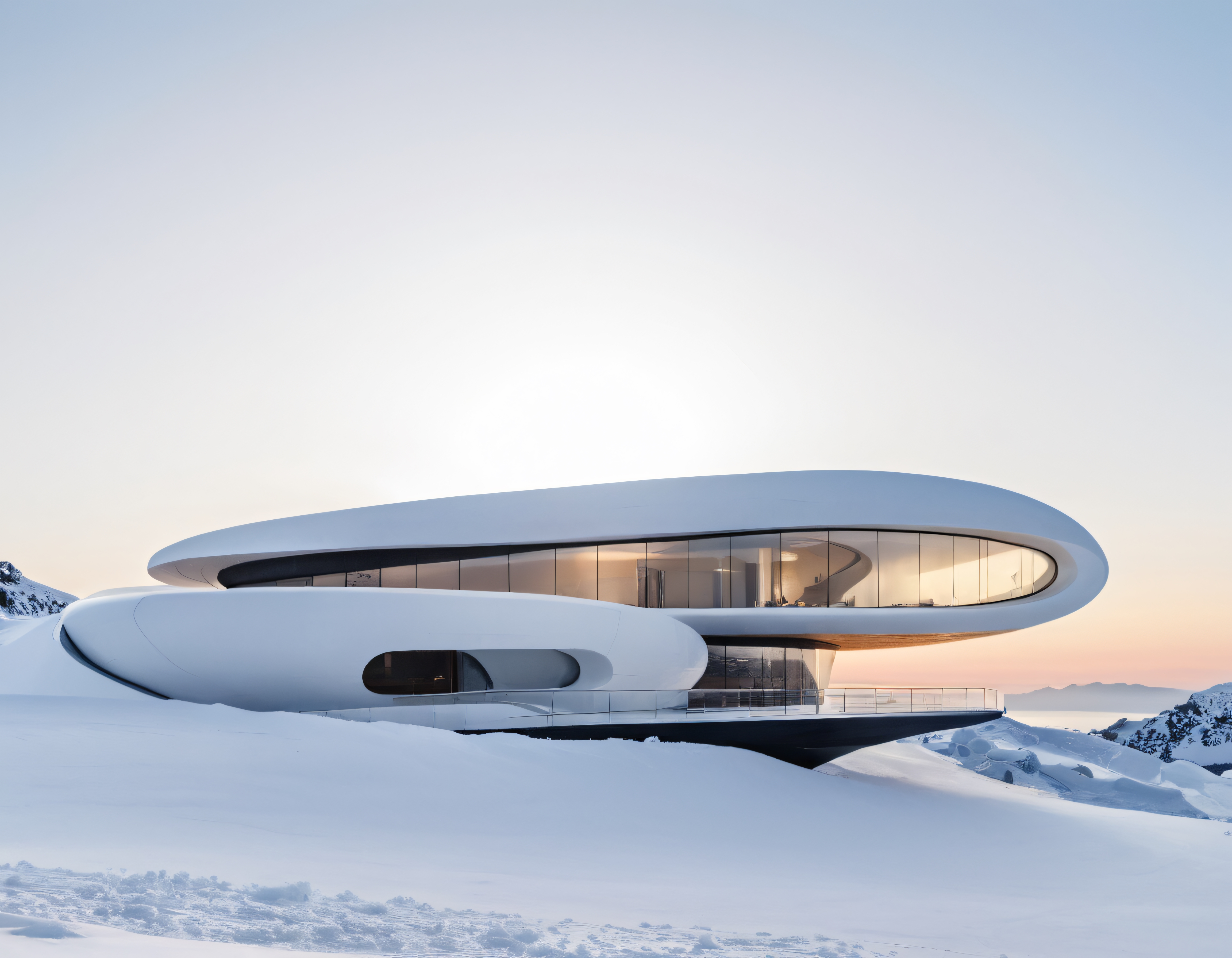 Karlı Zirvede Gün Batımında Akışkan Formda Futuristik Villa Tasarımı