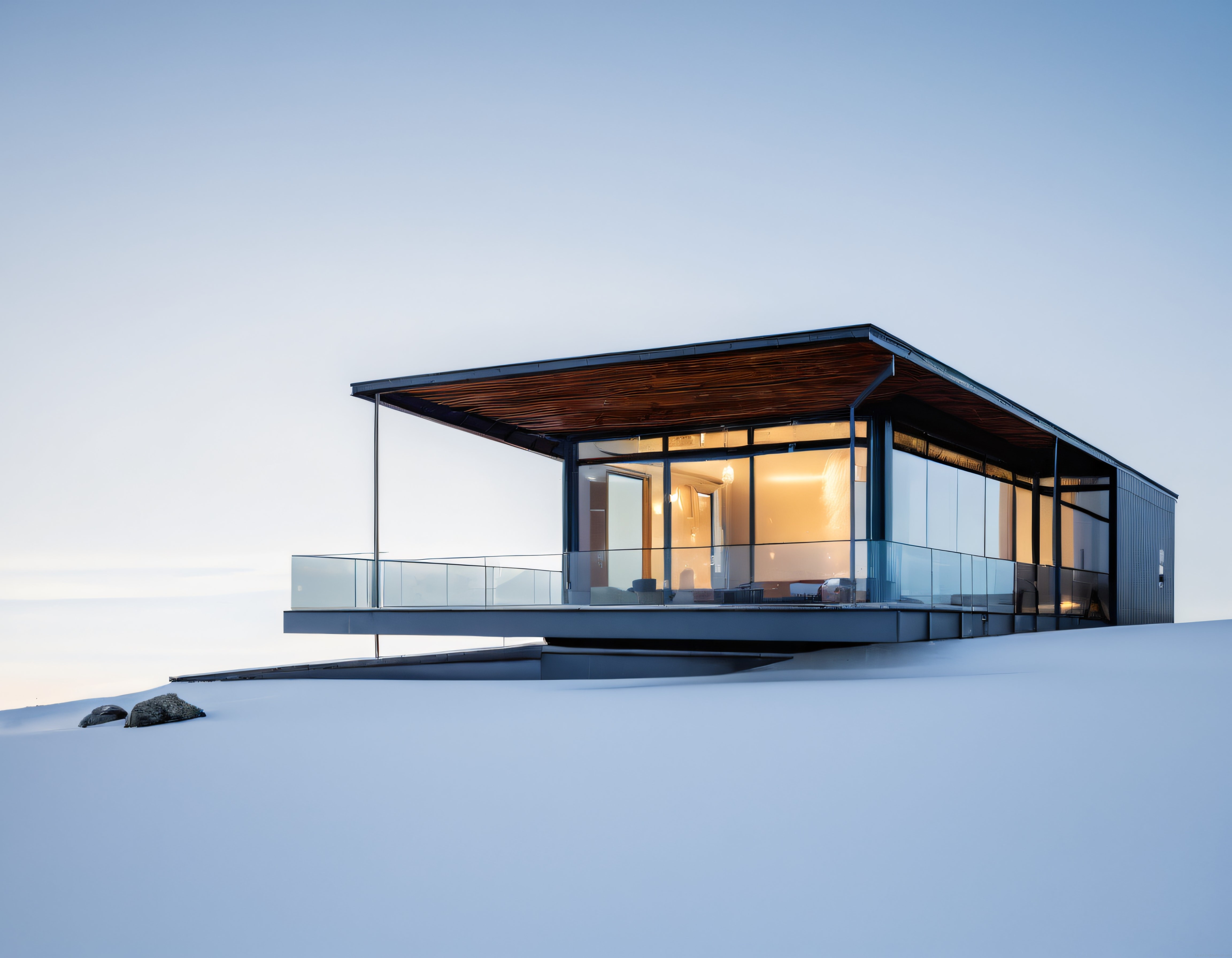 Karlı Zirvede Modern Cam Ev: Minimalist Mimarinin Doğa ile İç İçe Büyüsü