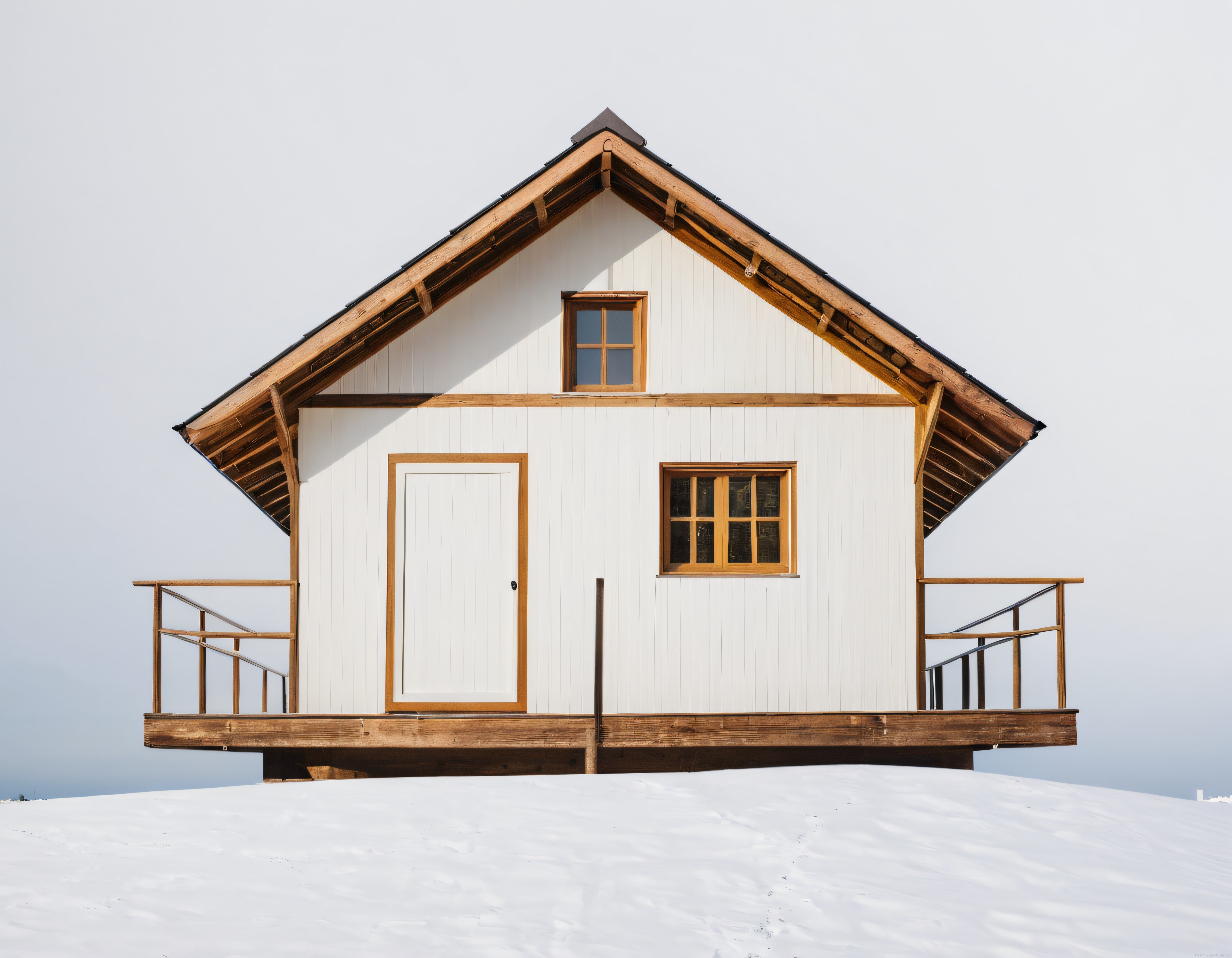 Karlı Zirvede Sessizliğe Bürünmüş Beyaz Ahşap Dağ Evi ve Minimalist Yaşam