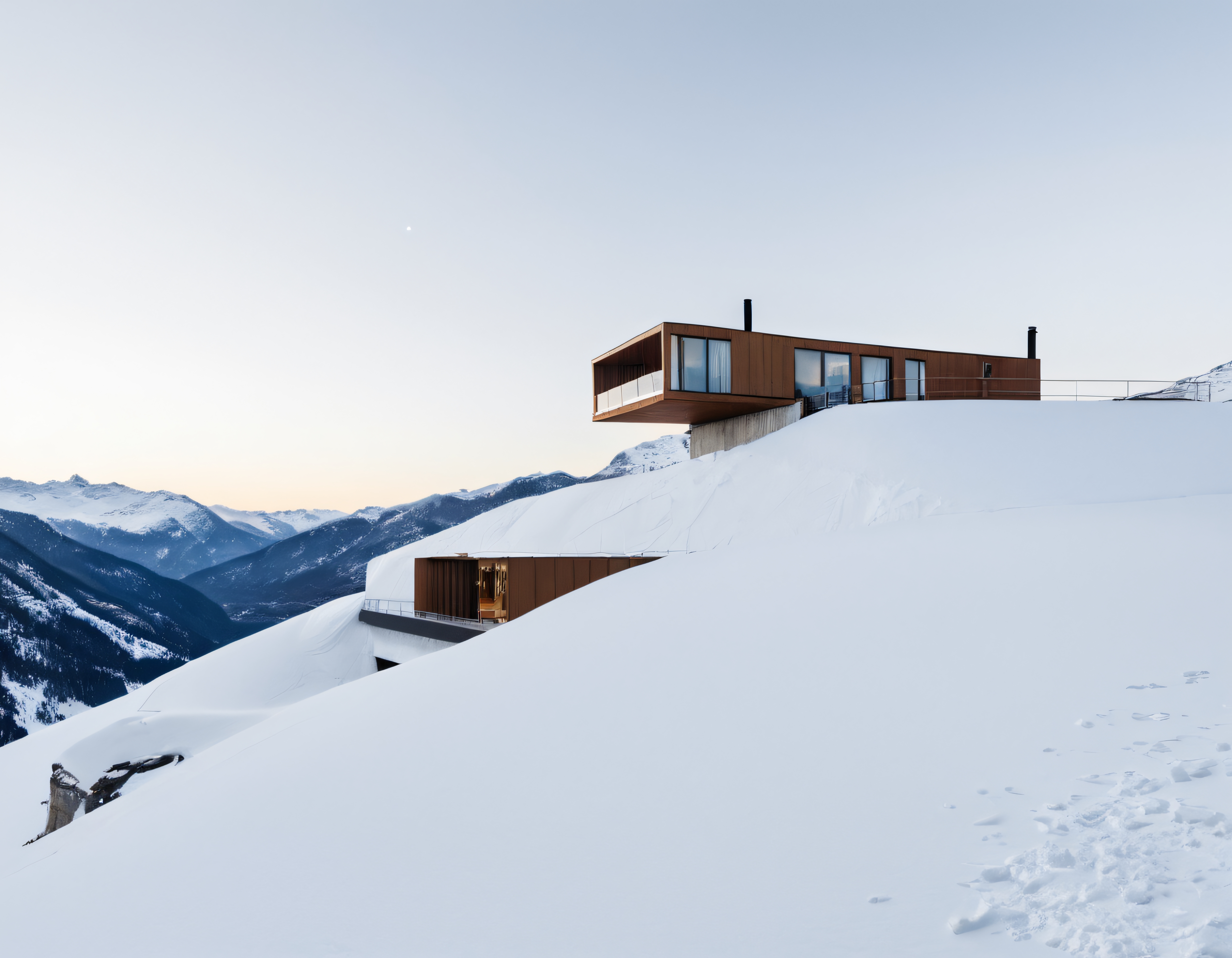 Karlı Zirveler Arasında Gömülü Modern ve Minimalist Dağ Evi Tasarımı