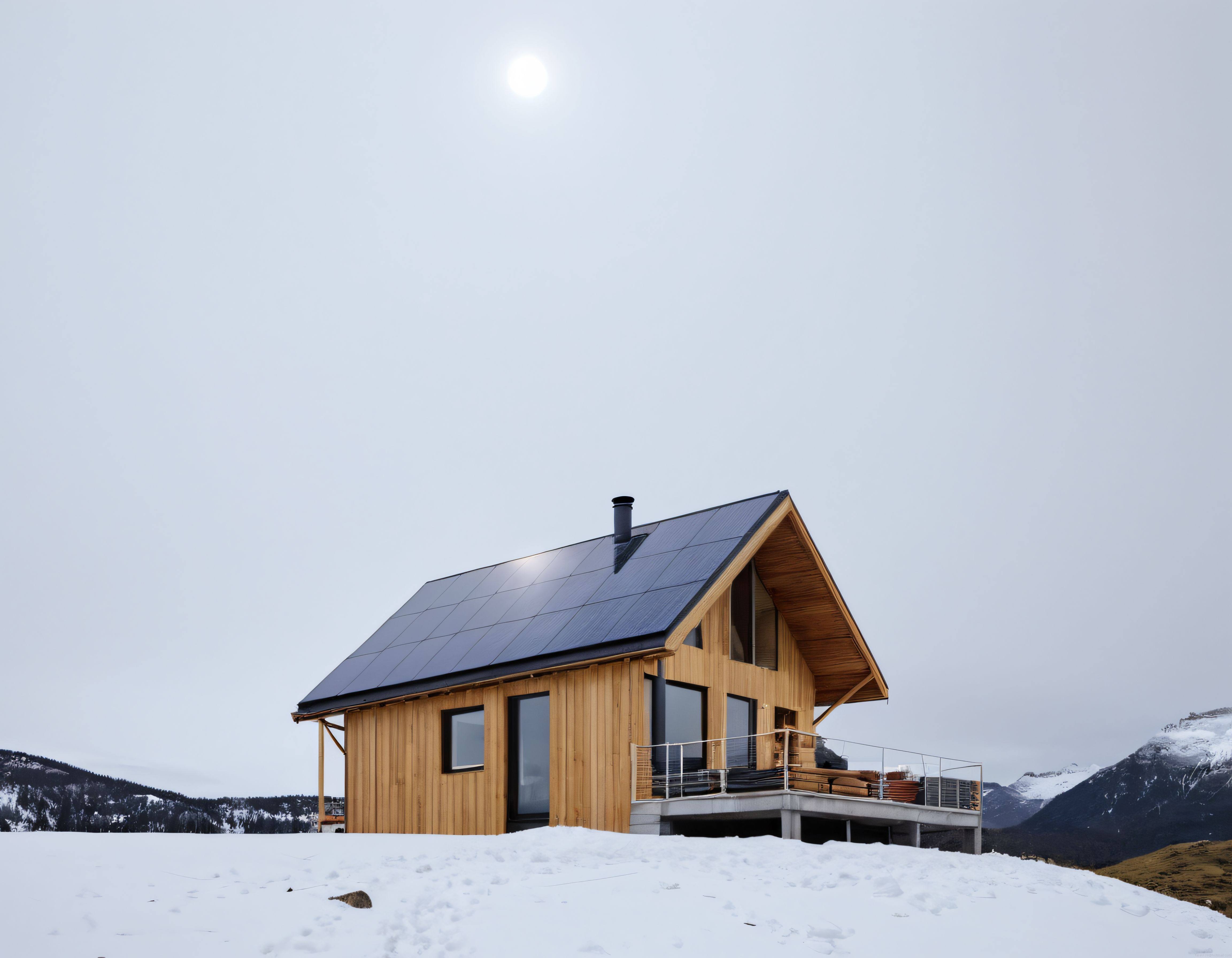 Karlı Zirveler Arasında Sürdürülebilir Güneş Enerjili Modern Ahşap Dağ Evi