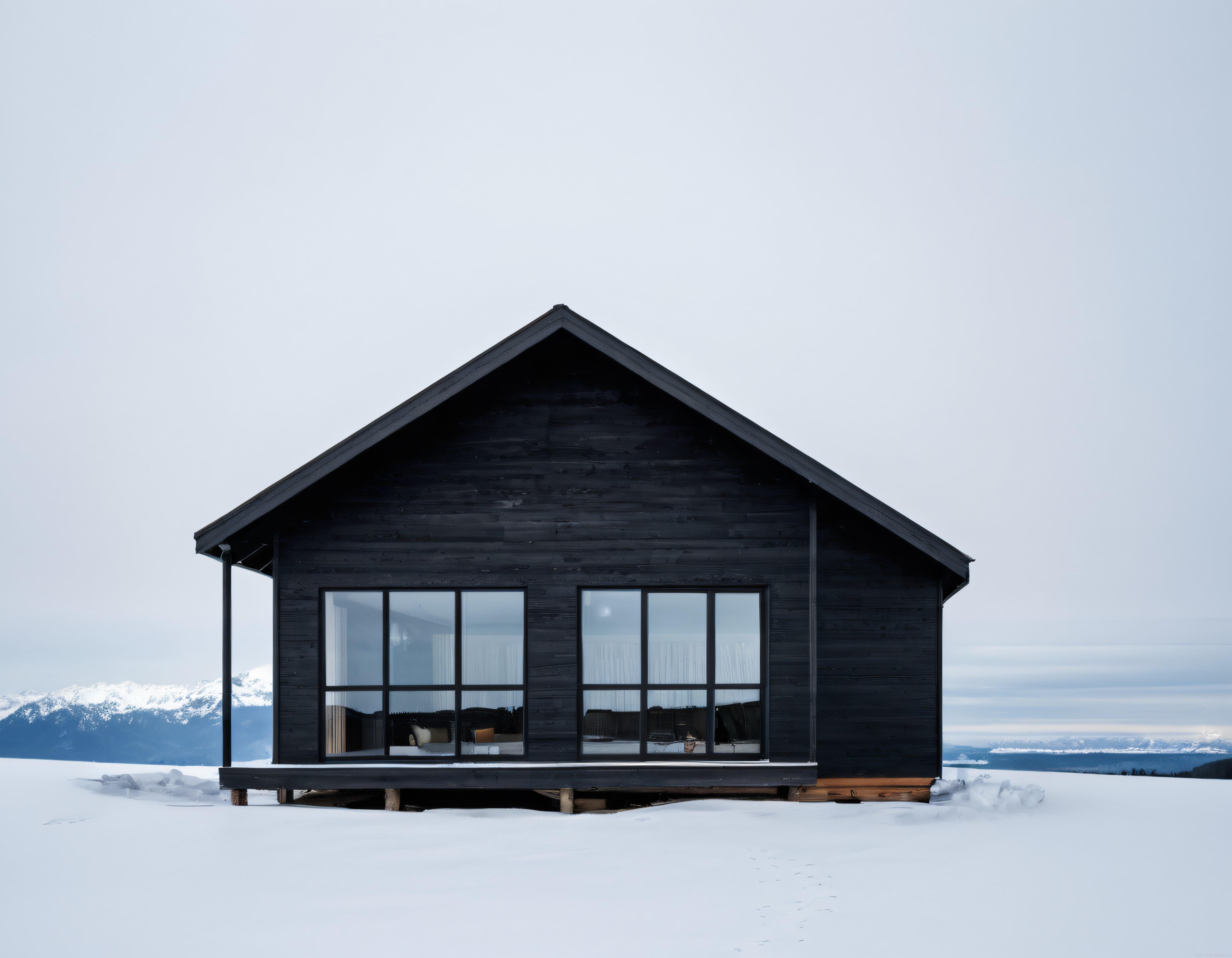Karlı Zirveler Arasında Yalnız Duran Modern Minimalist Ahşap Dağ Evi
