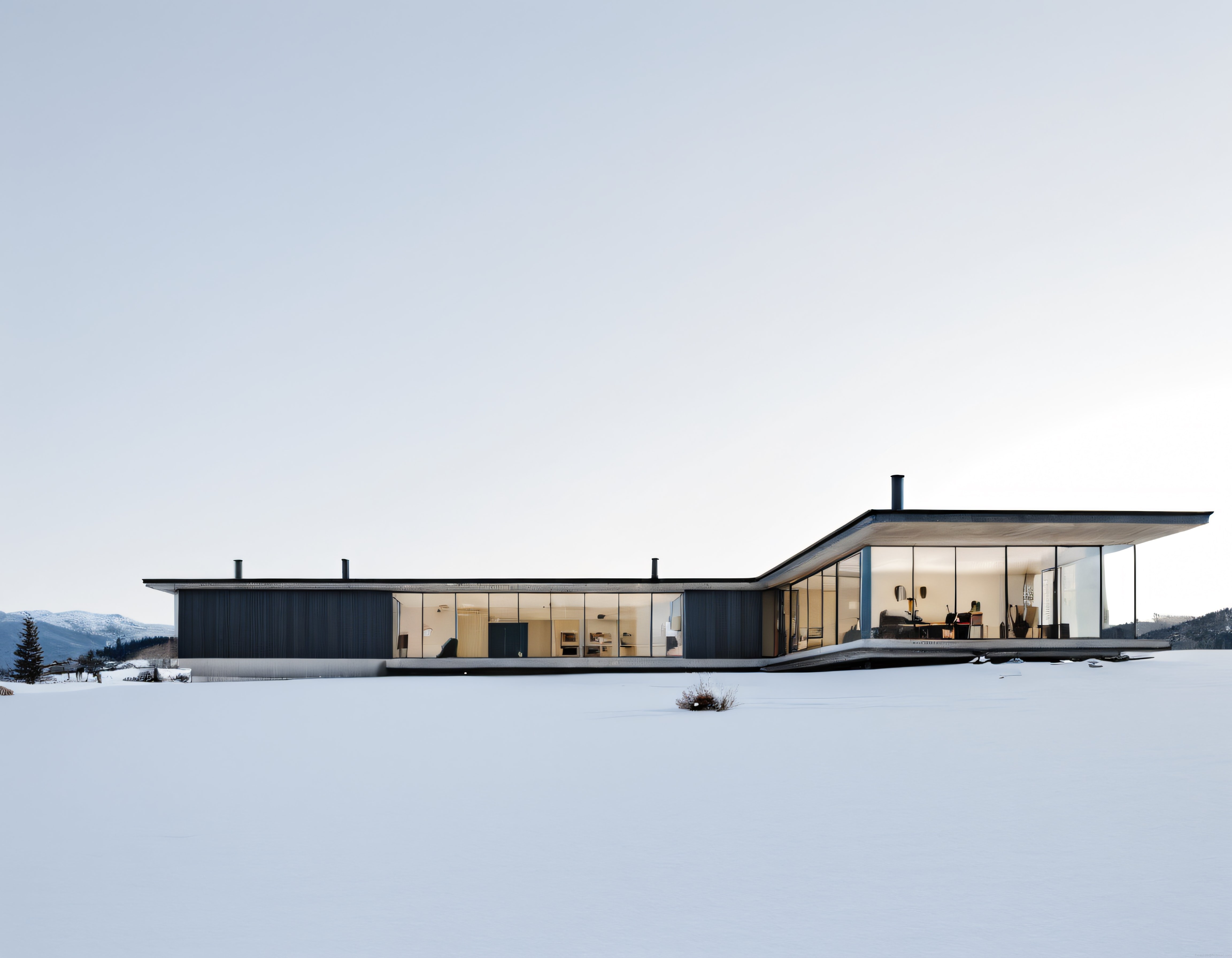 Karlı Zirvelerde Modern Minimalist Cam Ev ve Çağdaş Dağ Mimarisi