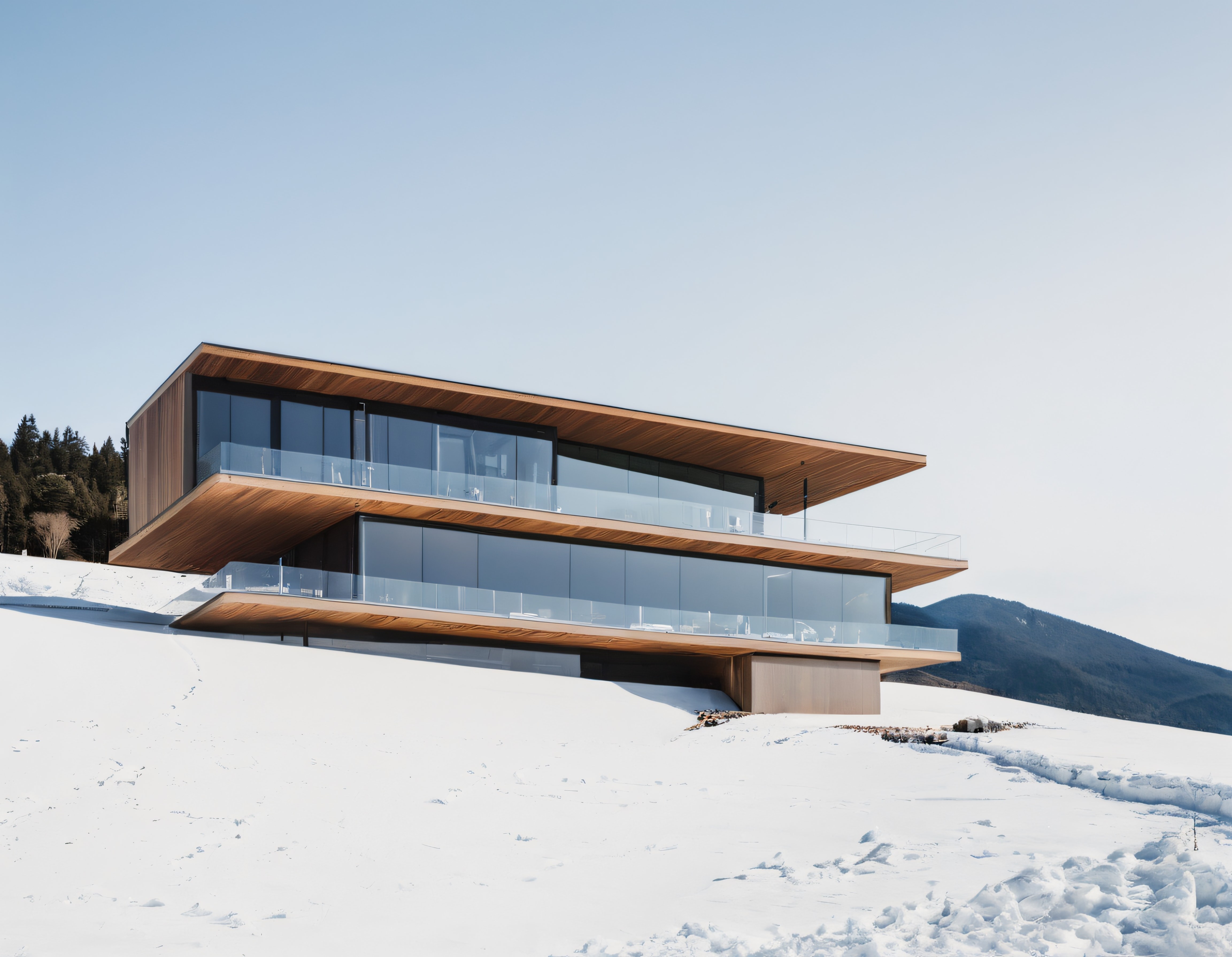 Karlı Zirvelerin Arasına Gizlenmiş Çarpıcı Cam ve Ahşap Detaylı Modern Villa