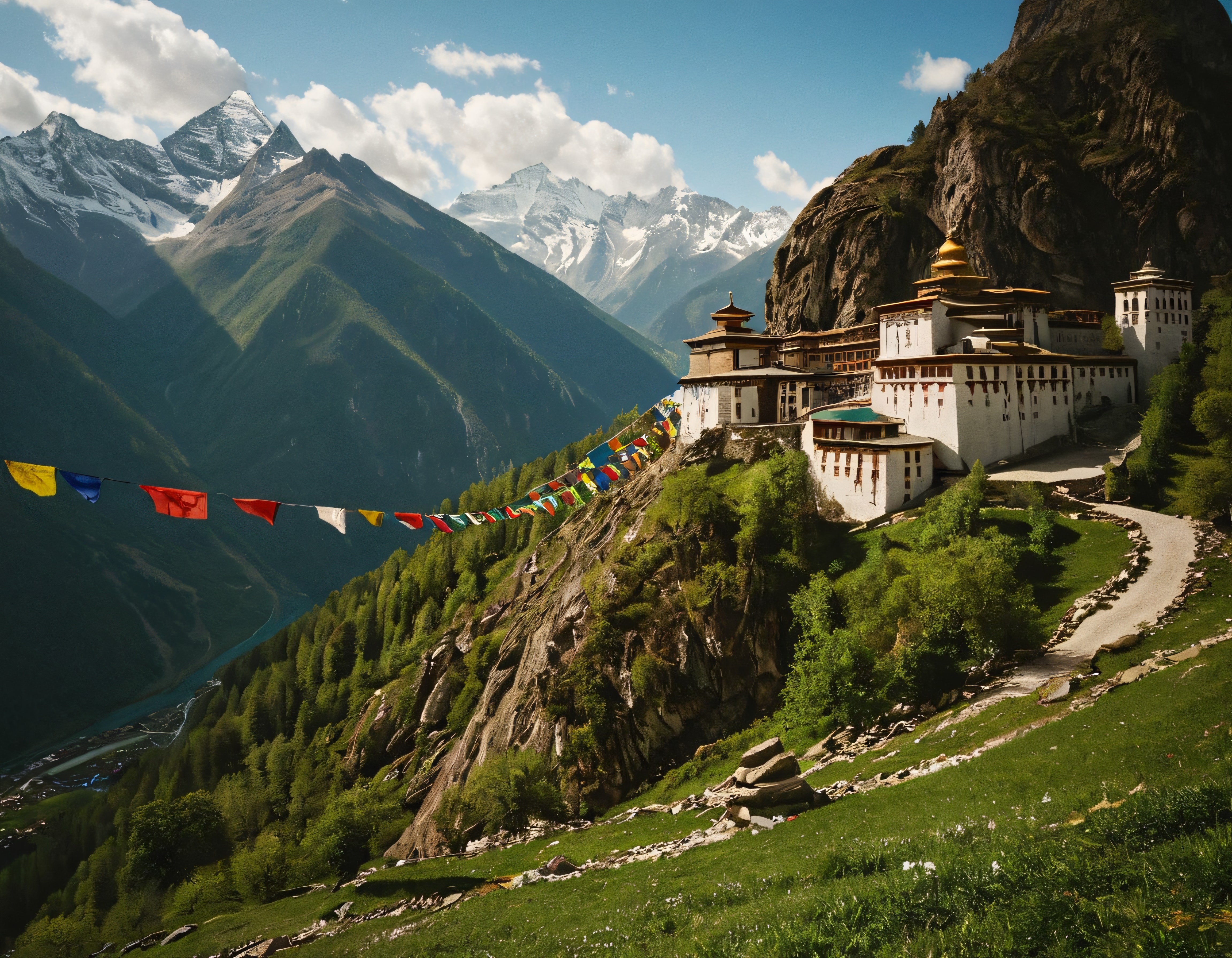 Karlı Zirvelerle Çevrili Himalaya Manastırı ve Dua Bayraklarının Büyüsü