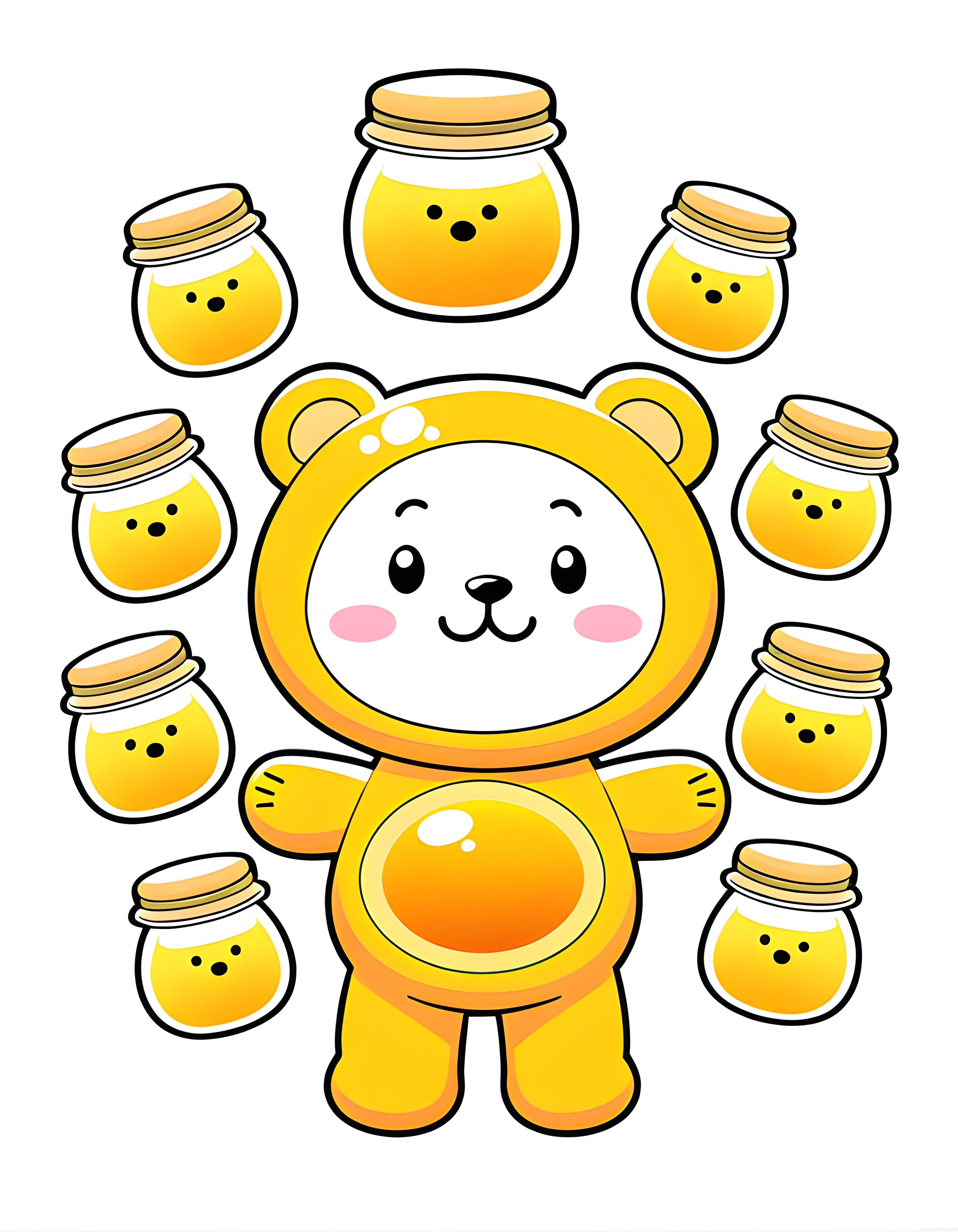 Karnında Bal Kavanozu Olan Sevimli Sarı Ayı ve Minik Kavanozlar Kawaii Vektör Çizim